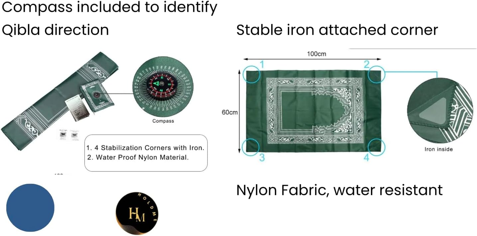 Portable Muslim Prayer Mat, Travel Prayer Mat with Compass, Pocket Sized Carry Bag, Qibla Finder Prayer Mat 60/100 Cm, Blue Color image number 3