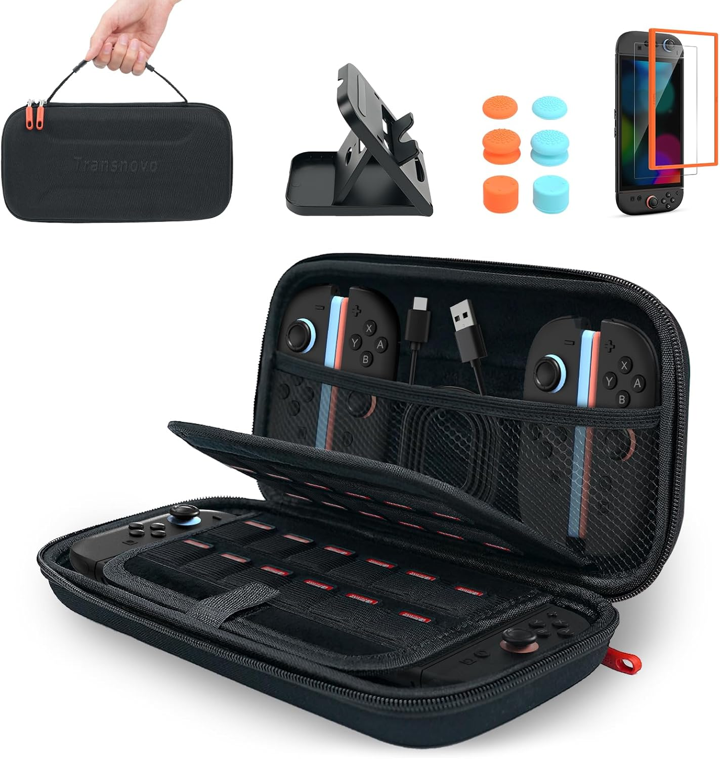 TRANSNOVO Travel Carrying Case Compatible with Nintendo Switch 2 (2025) with 24-Card Slot, 16-In-1 Switch 2 Accessories Kit with Screen Protector, Joycons Keycaps, Foldable Stand & Dust Stopper image number 3