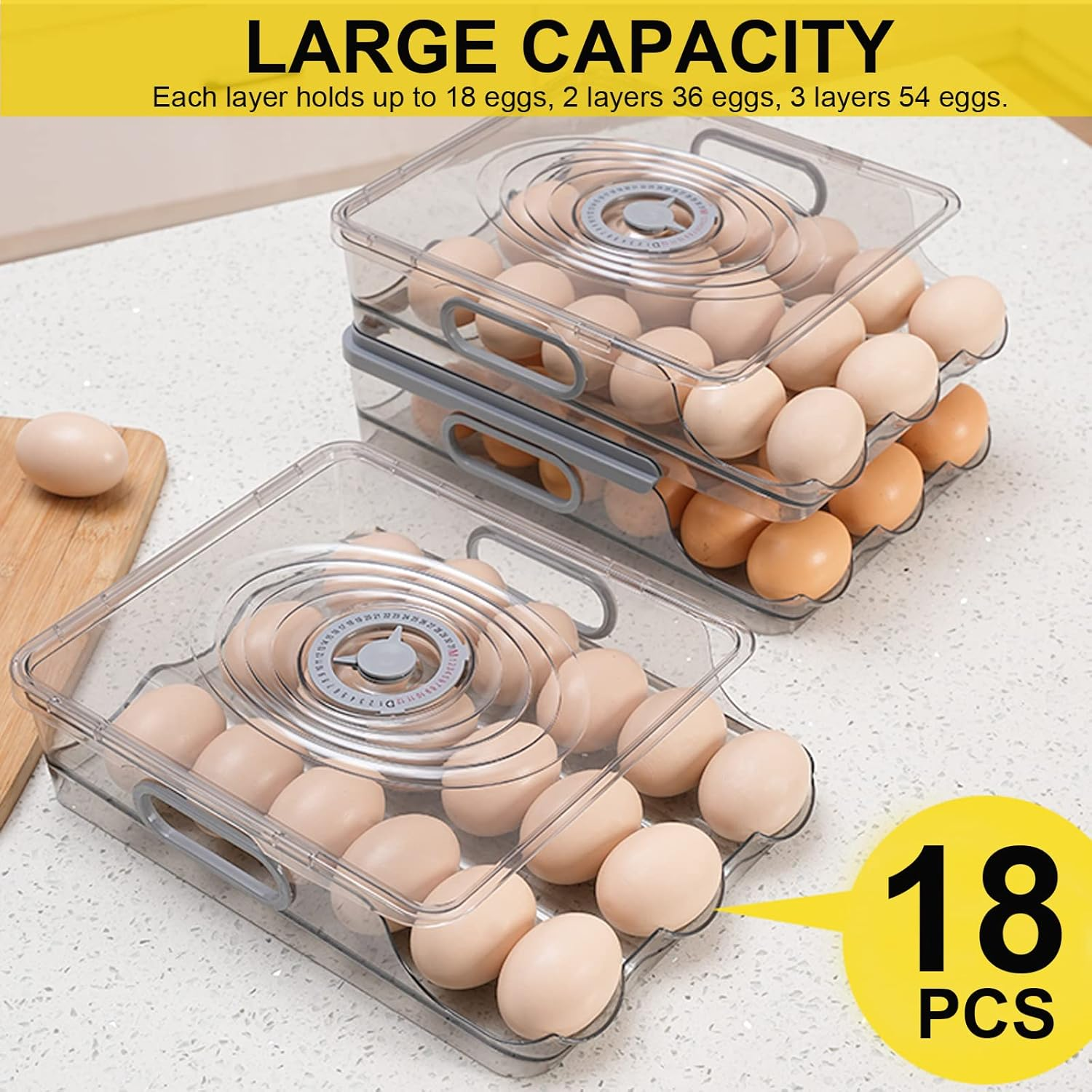 Egg Holder for Refrigerator, Automatically Rolling Egg Storage Container for Refrigerator,Large Capacity Egg Organizer for Fridge with Lid,Clear Plastic Egg Dispenser,Egg Tray & Bin -3 Layer image number 4