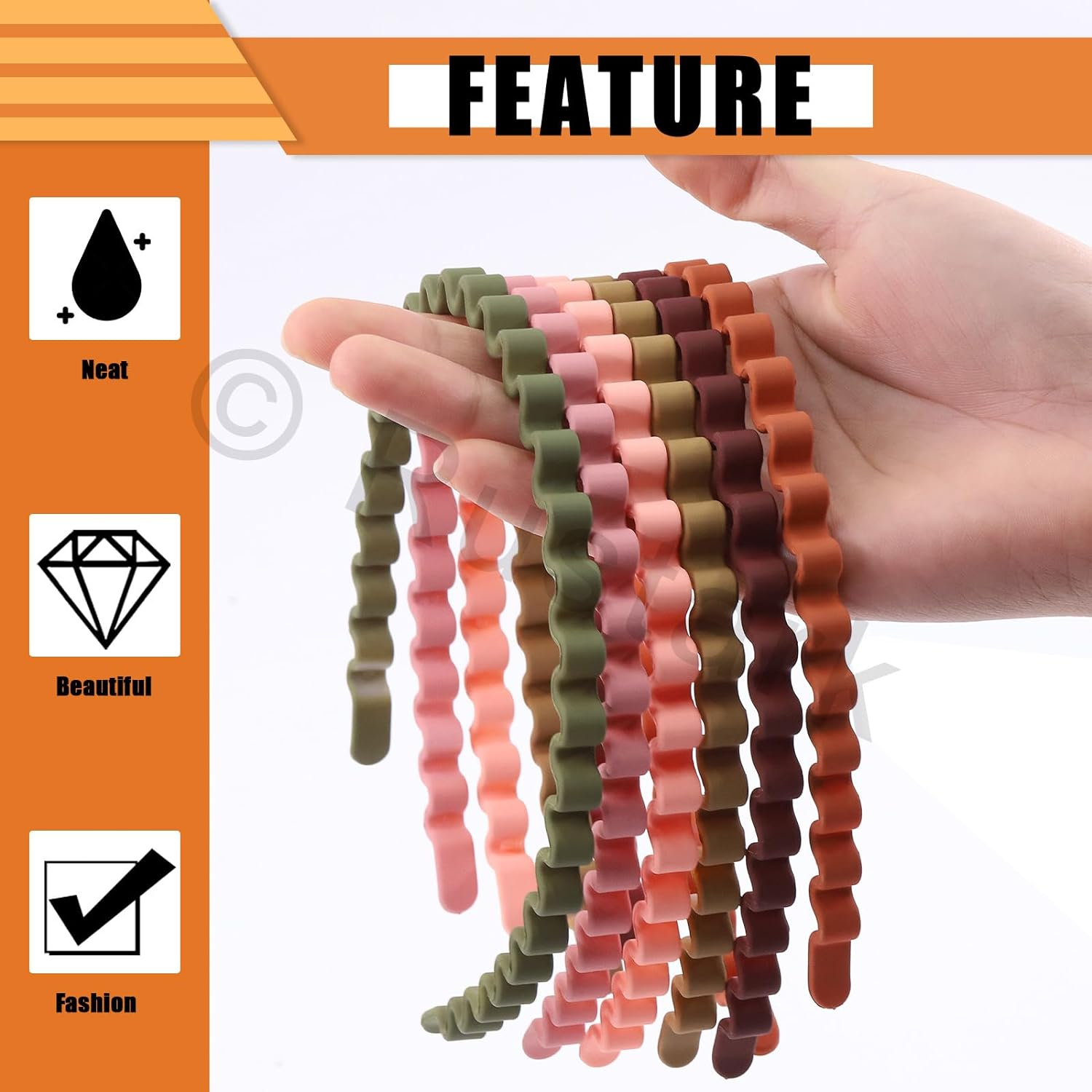 Rustark 12Pcs Colorful Plastic Wavy Hairbands Assortment Kit with 12Pcs Hair Ties, Spring Wavy Hair Hoop Skinny Plastic Headbands with Teeth Fashion Hairbands for Women Non Slip image number 4