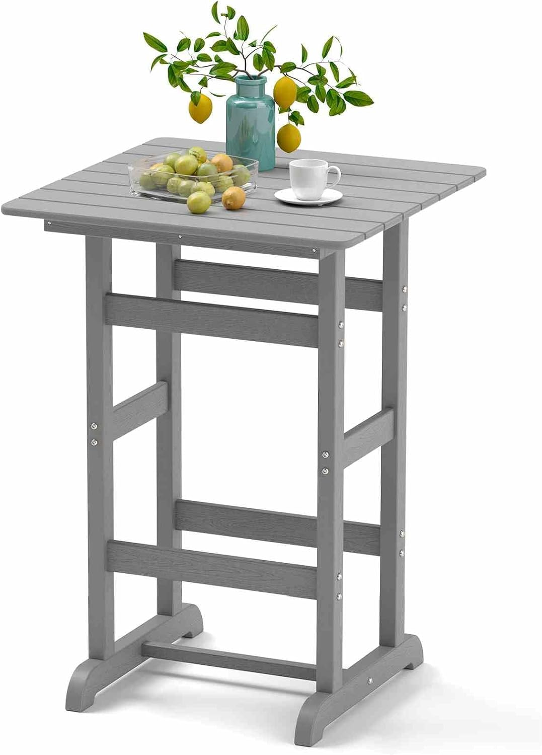 Costway 76Cm X 76Cm Square Bar Table, Patio HDPE Bar Height Dining Table W/Slatted Tabletop, Outdoor All-Weather High-Top Bistro Table for Poolside, Backyard, Balcony (Gray)