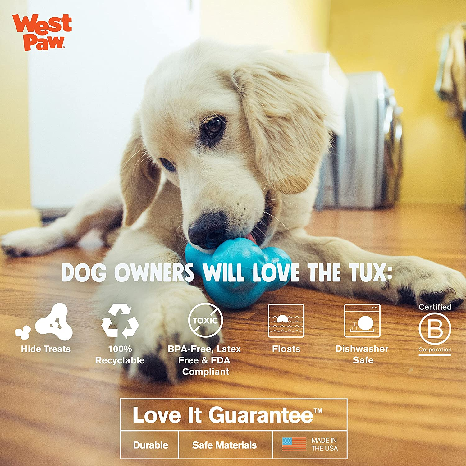 West Paw Zogoflex Tux Interactive Treat Dispensing Dog Chew Toy for Aggressive Chewers, 100% Guaranteed Tough, It Floats!, Made in USA, Large, Aqua