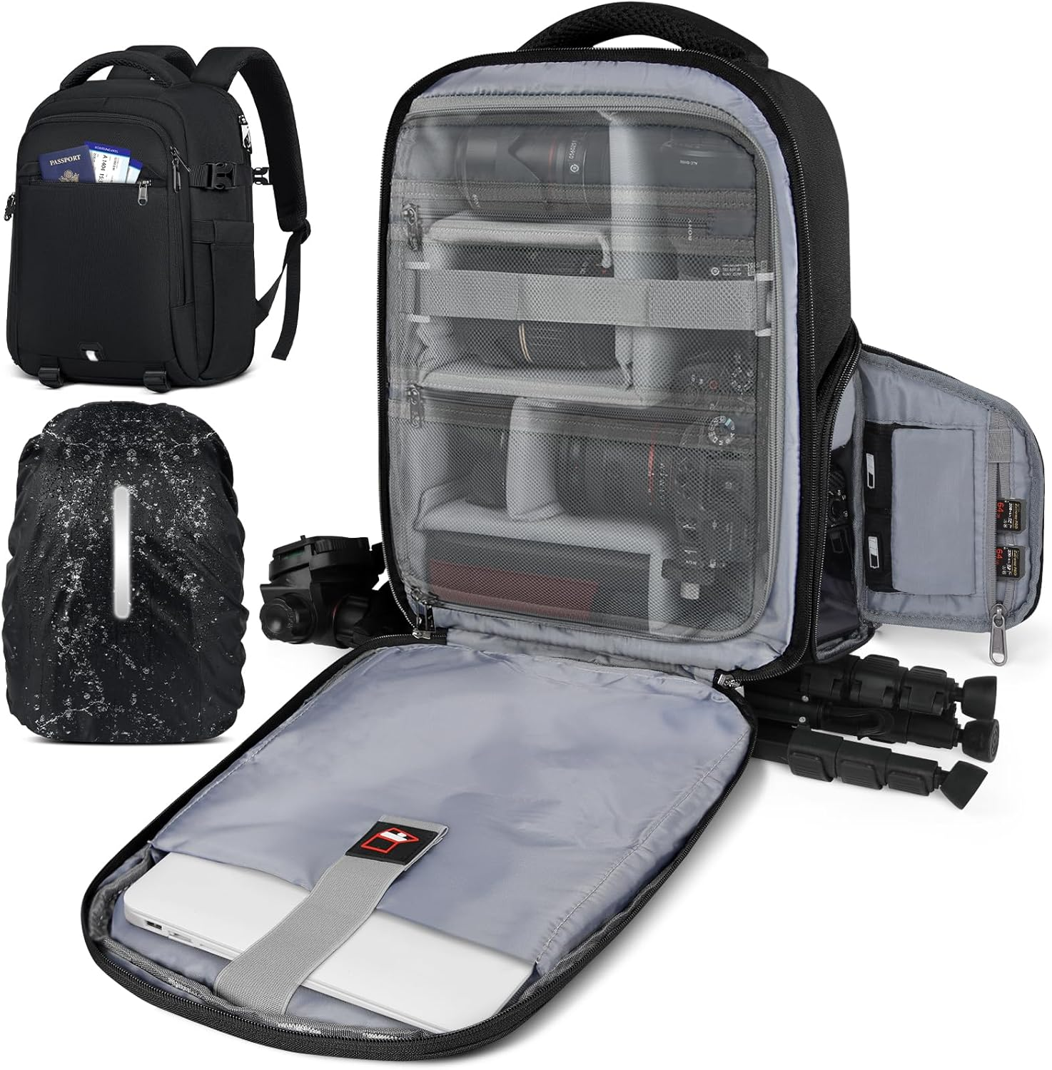 Camera Backpack Camera Bag for Photographers DSLR SLR Mirrorless Camera Cases with Waterproof Rain Cover & Laptop Compartment Fits 15.6 Inch Laptop,Anti Theft Travel Photography Backpack,Black