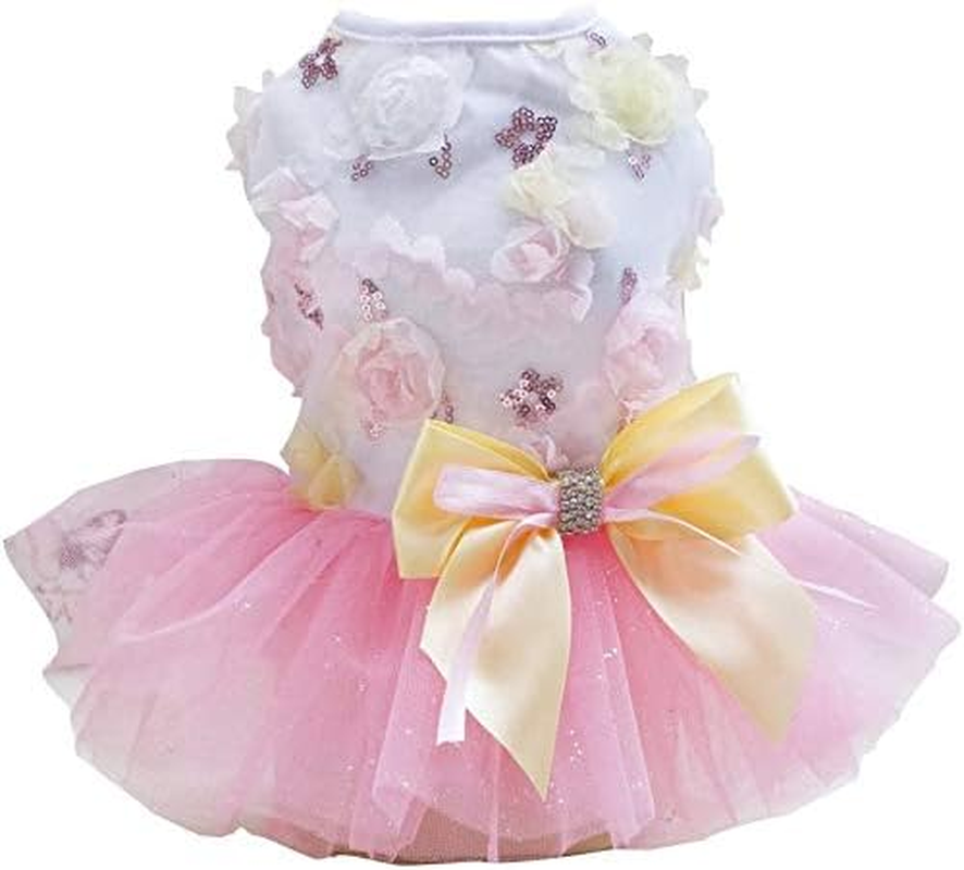Rdc Pet Dog Dress Puppy Dog Princess Dresses,Tutu Flower and Sequin Dot Wedding Lace Dress Luxury Bow Dress for Small Dog Girl (L, Pink)