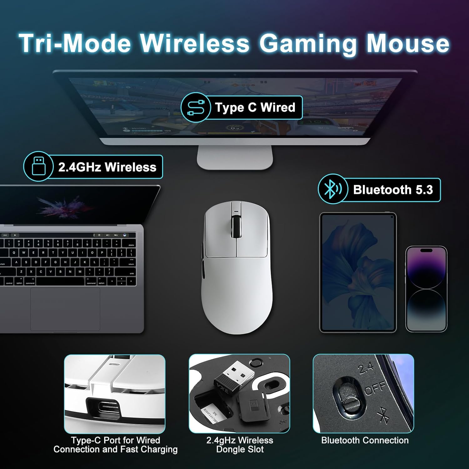 MIKIBY R1 SE+ Wireless Gaming Mouse, 18000 DPI, High-Precision PAW3395SE Sensor,55G Lightweight,Three Connection Modes Mouse, Programmable Ergonomic Mouse Suitable for Laptops/Pc/Mac (White) - Black image number 2