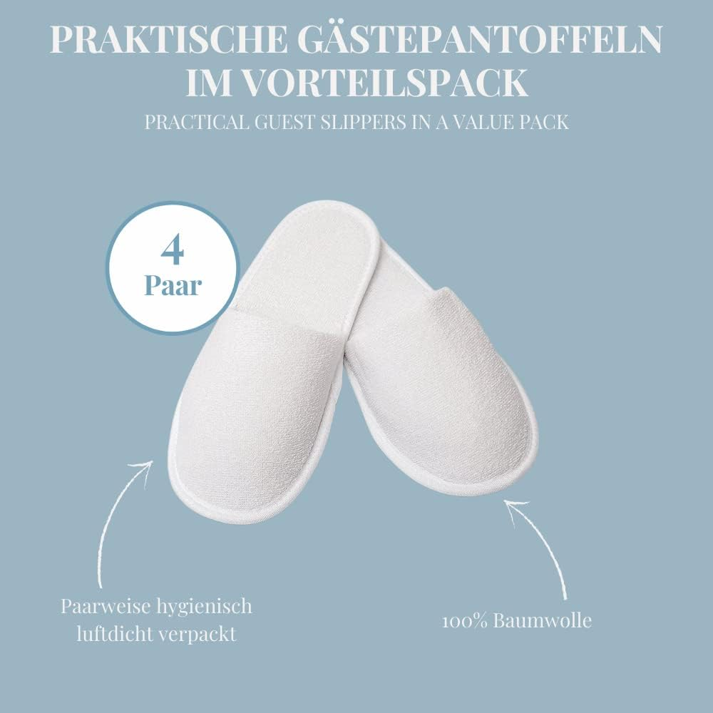Carenesse 4 Pairs of Hotel Slippers L-XL Closed Practical & Comfortable Disposable Slippers Made of 100% Cotton Terry Towelling Guest Shoes White with Non-Slip Sole Size Approx. 43-44 Lightweight And image number 1