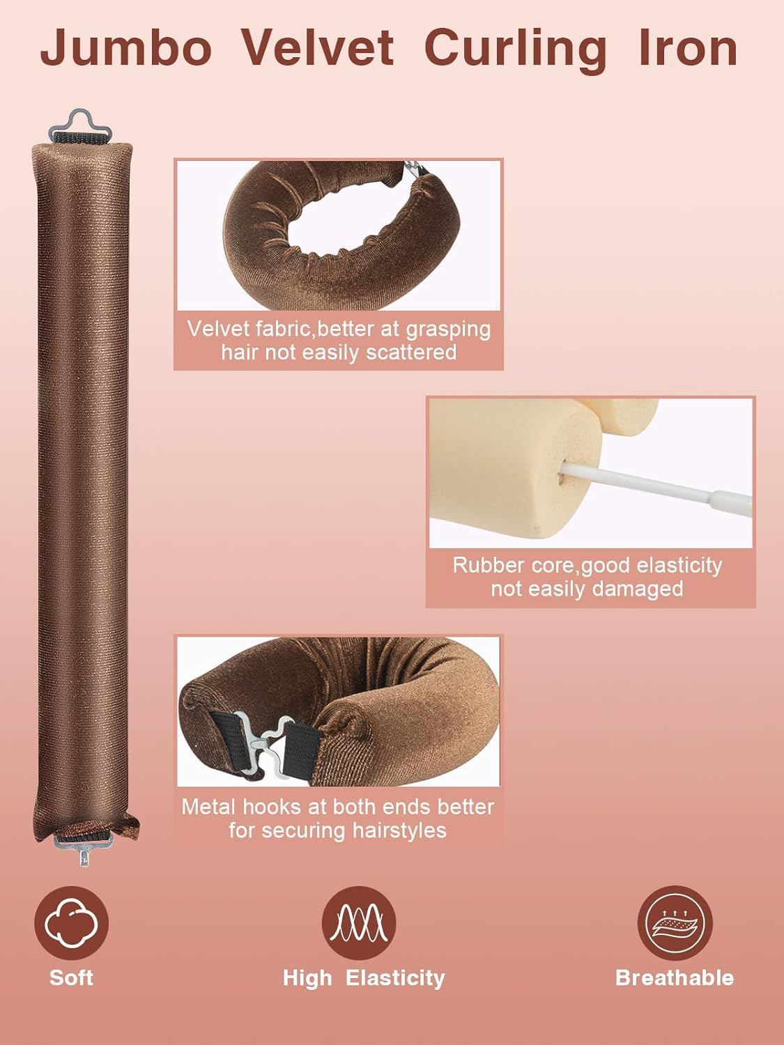 NUNFLUE Heatless Curls Overnight Set - Jumbo Soft Curling Rods to Sleep In, No Damage Velvet Curling Rods with Silk Scarf, Non-Heating Overnight Blowout Styling Tools All Hair Types - Red-Brown image number 2