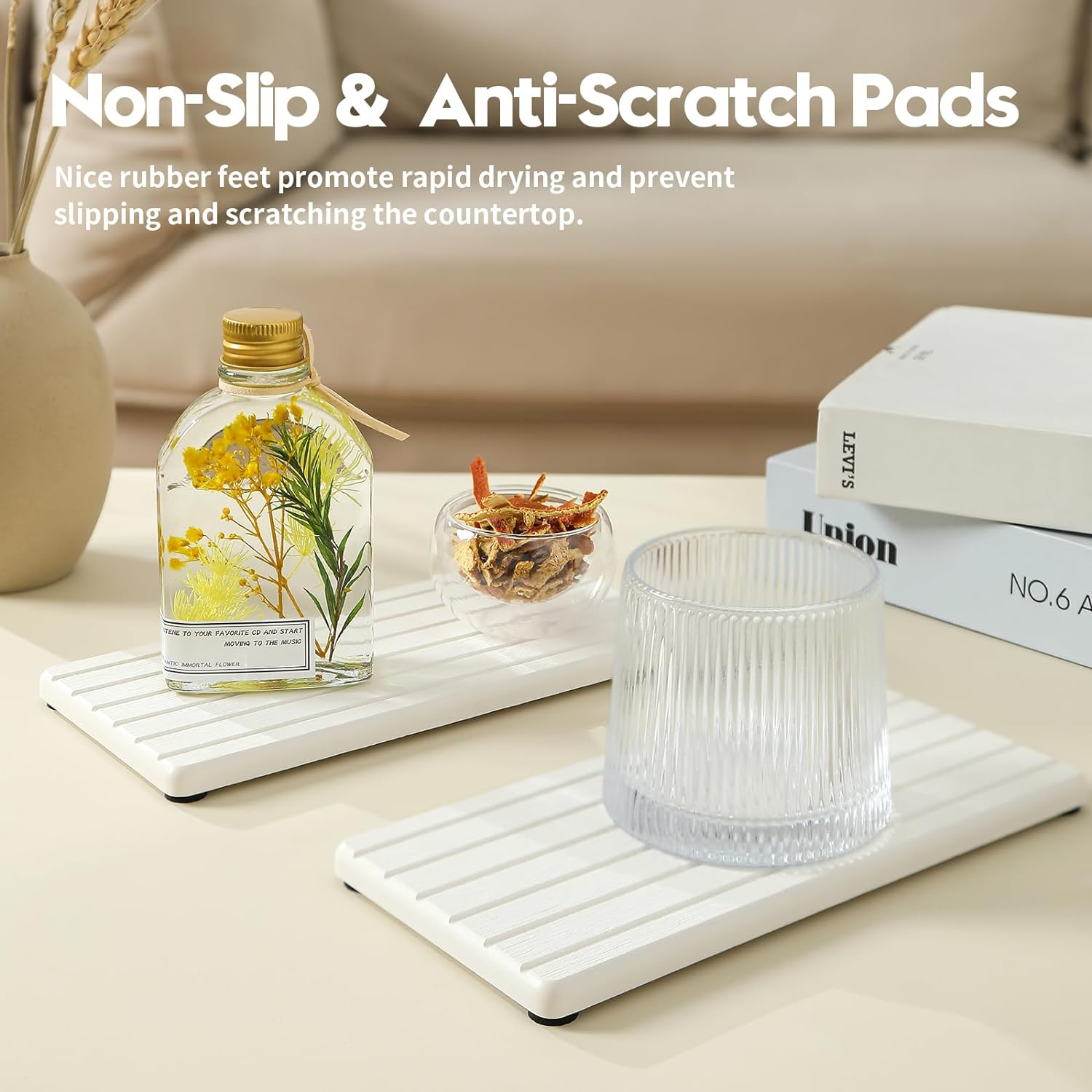 2PCS Water Absorbing Stone Drying Tray Mat for Bathroom Sink & Kitchen Counter Faucet Organizer Decor, Quick Dry Dish Soap Dispenser Sponge Holder, Vanity Sink Caddy Bar Coaster,White-8"*3.8" image number 5