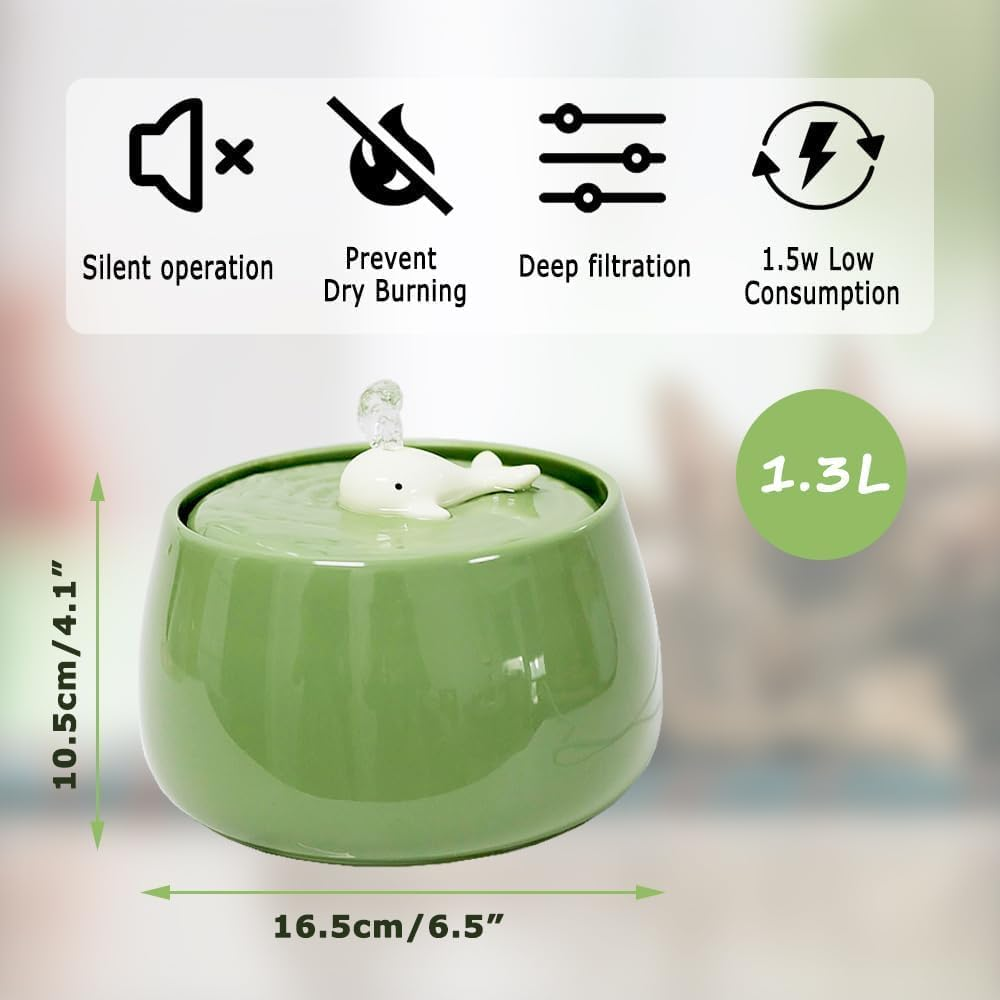 Ceramic Cat Water Fountain, 45Oz/1.3L Ultra-Silent Automatic Pet Drinking Water Dispenser for Cats Indoor with Adjustable Water Flow, Activated Carbon Filter, Perfect for Small Kitten Dogs (Green) image number 2