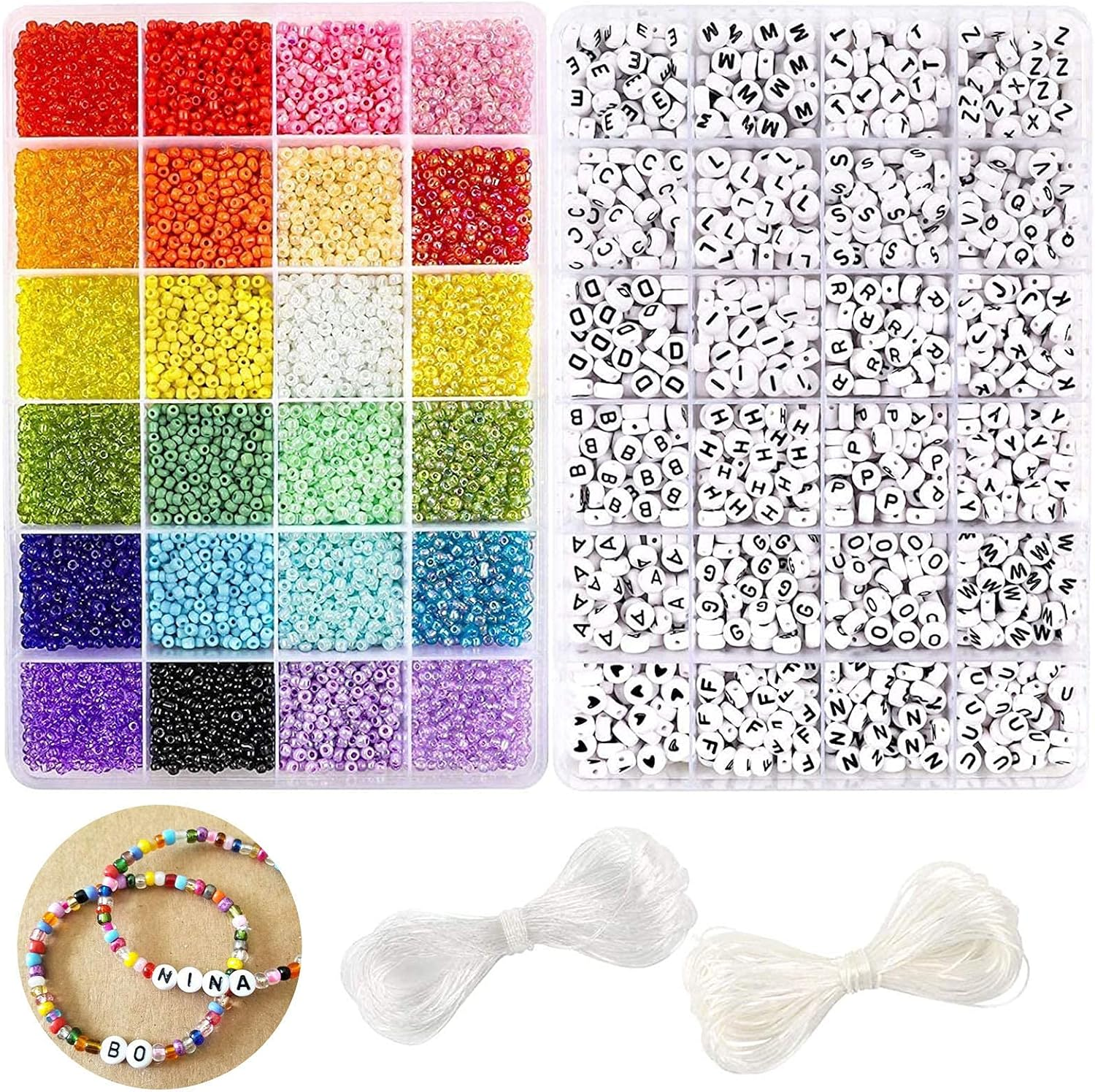 FJGSXHOME 10800Pcs 3Mm 8/0 Glass Seed Beads Craft Beads Kit and 1200Pcs Letter Alphabet Beads for Friendship Bracelets Jewelry Making Necklaces and Key Chains with 2 Rolls of Cord image number 1