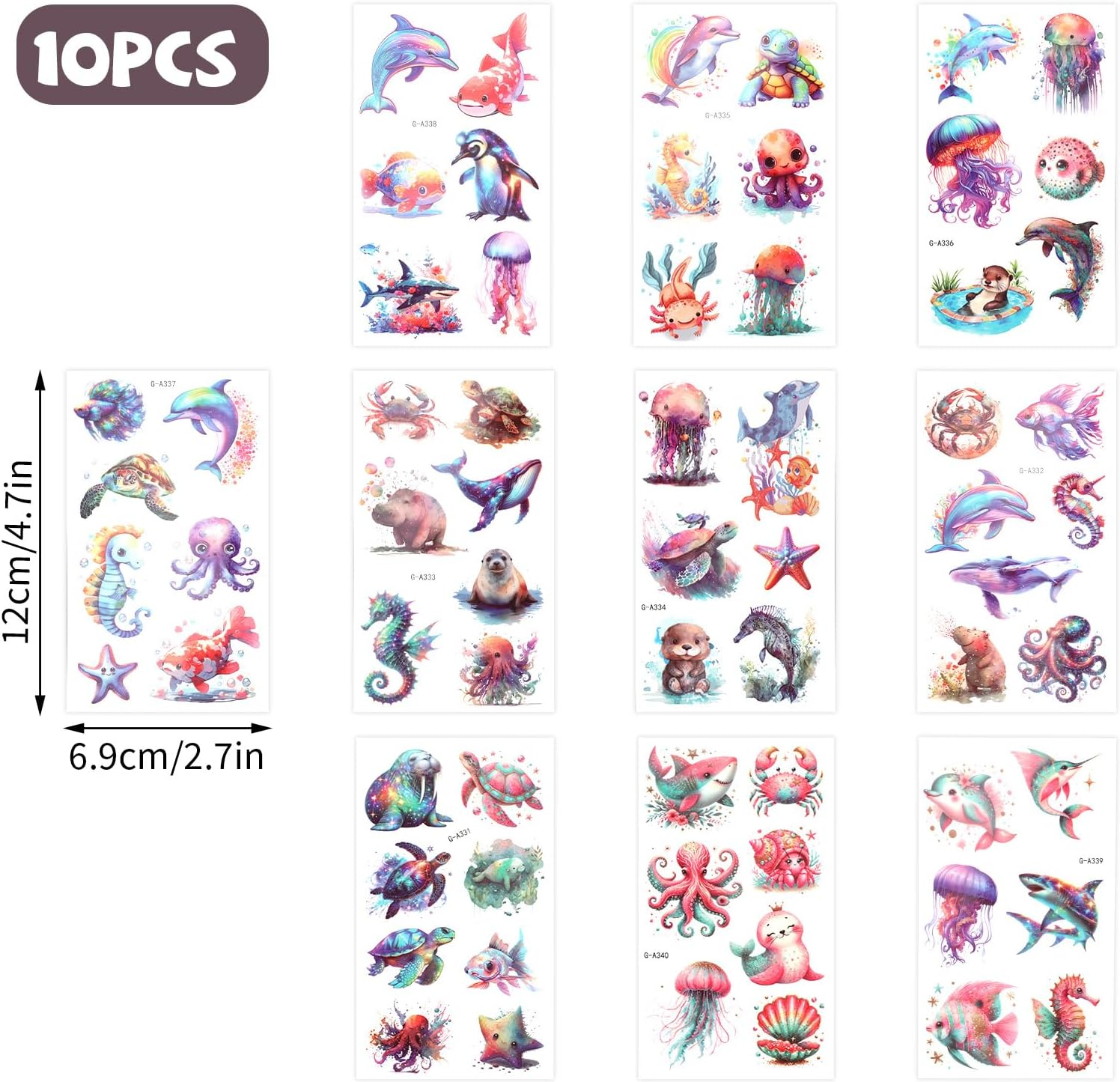 Lasuroa 10 Sheets Ocean Animals Temporary Tattoos, Waterproof Watercolor Marine Life Tattoo Stickers for Kids Boys Girls Adults Arms & Shoulders Birthday Party Decor Supplies image number 1
