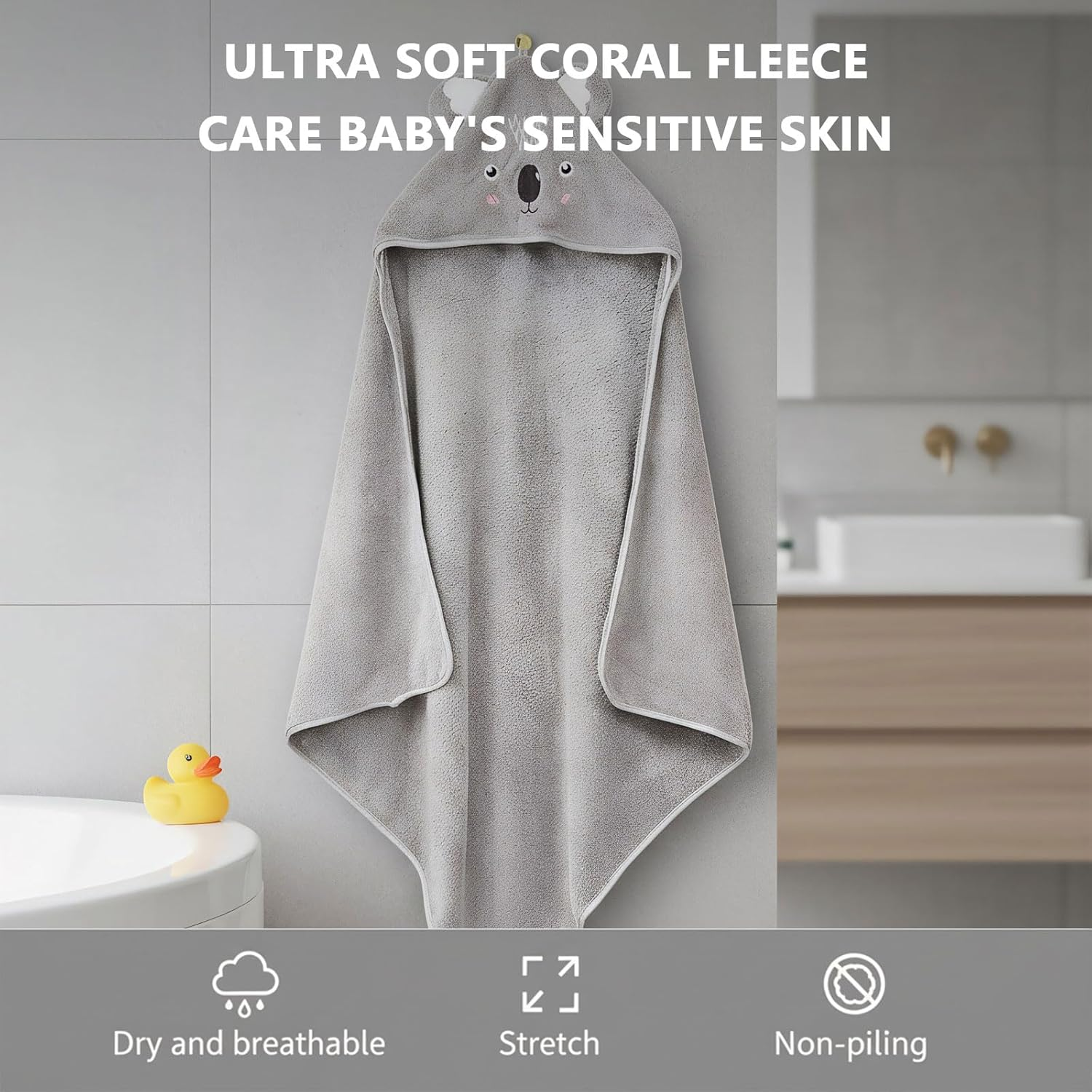 Baby Hooded Towel Koala Design, Soft Coral Fleece Baby Bath Towel 80 X 80 Cm for Newborn Essential Gift, Machine Washable, by CRFY