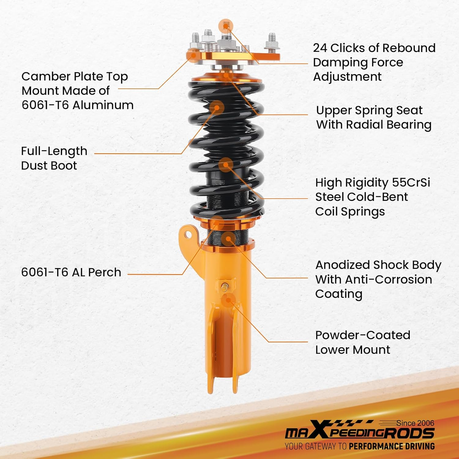 Maxpeedingrods Coilovers for Mitsubishi Outlander Sport 2011-2020, for Mitsubishi Lancer 2008-2016, 24 Levels Damper Adjustable Coilovers Suspension Kit, Height Adjustable Shock Lowering Kit Gold image number 4