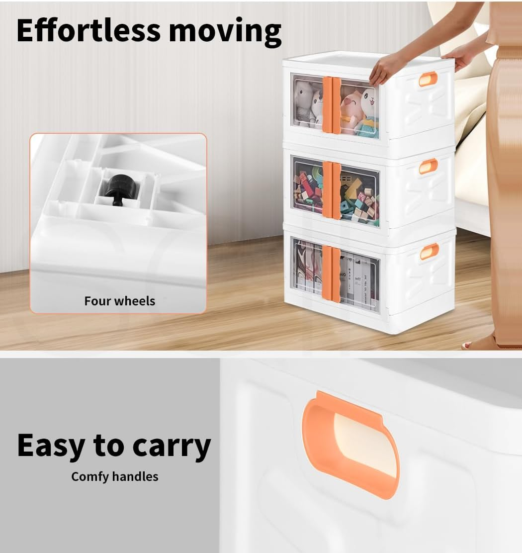 Stacked Storage Boxes Stackable Foldable Clothes Container Bins Toy Organiser Box with Lids Handles Plastic Book Camping with Wheel Front and Top Open 45L Pink image number 6