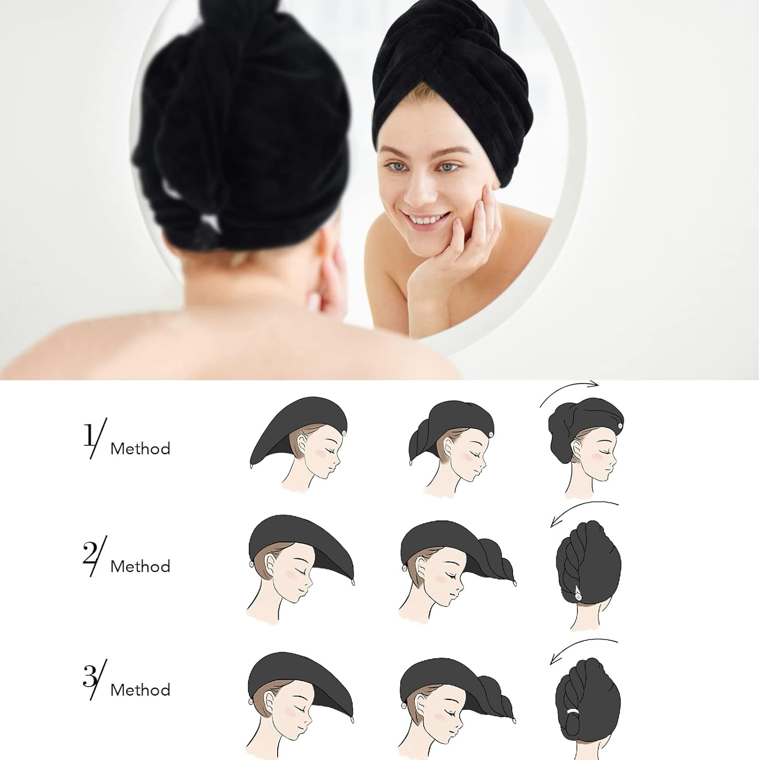 Sinland 3 Pack Microfiber Hair Towel Wrap Super Absorbent Hair Turban for Women Fast Drying Hair Towels with Buttons for Drying Curly Long Thick Hair - Black image number 1