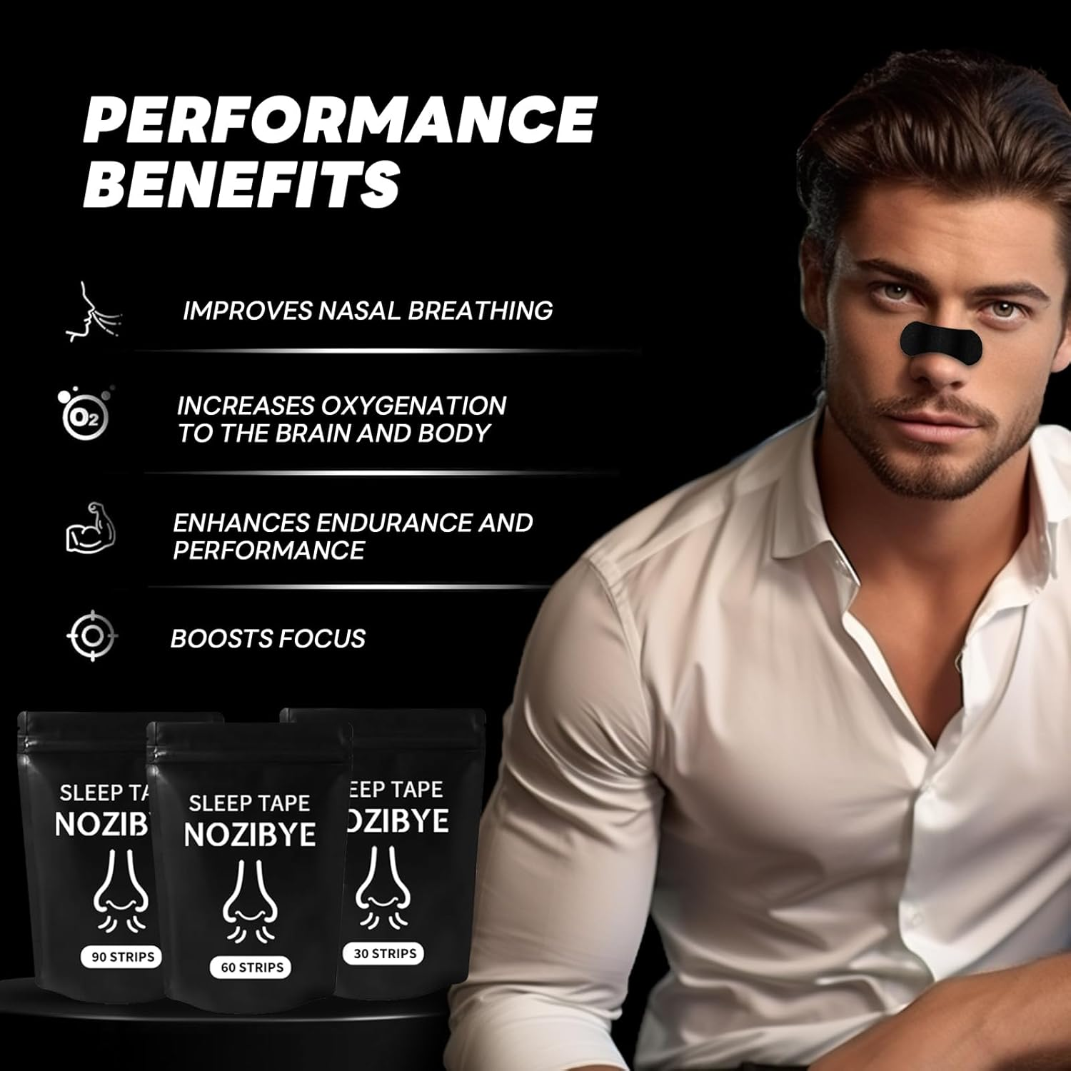 Nozibye Nose Strips, anti Snore & Better Breathing (90 Count, Black) - Nose Strips for Sleeping, Nasal Strips to Stop Snoring, Clear Airways image number 1