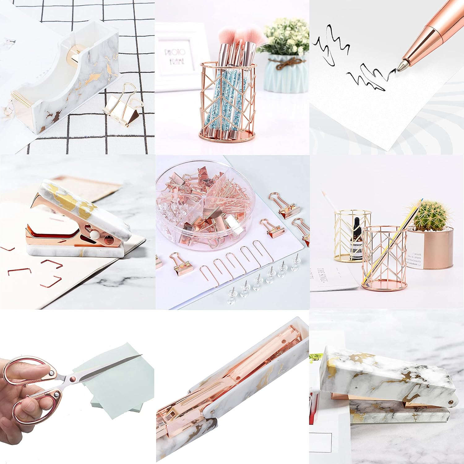 Famassi Rose Gold Marble Desk Accessories, Office Supplies Set Stapler Set Staple Remover, Tape Holder, Pen Holder, 2 Ballpoint Pen, Scissor, Binder Clips, Paper Clips and 1000Pcs Staples - Rose Gold image number 2