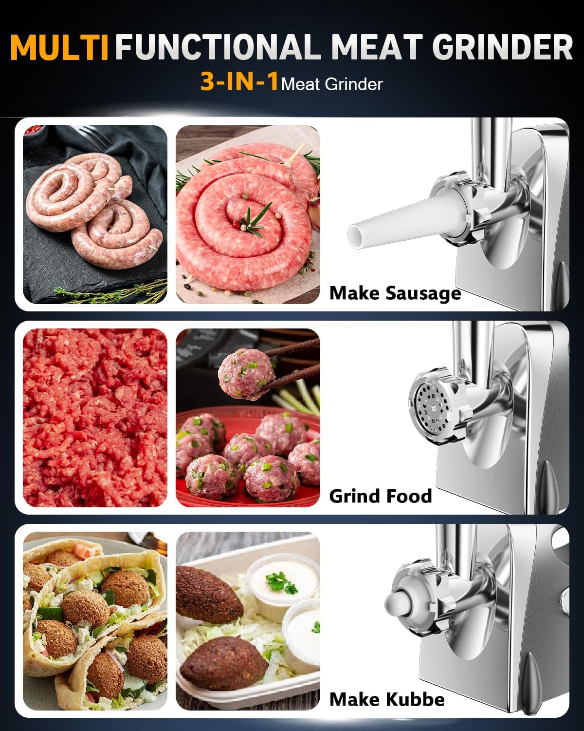Electric Meat Grinder: [3000W Superior Motor] [Exquisite Box] Hachoir &Agrave; Viande with 6 PCS Stainless Steel Blades & Grinding Plates, Sausage Stuffer Tubes & Kubbe Kit Portable Handle for Gift (Gray) image number 6