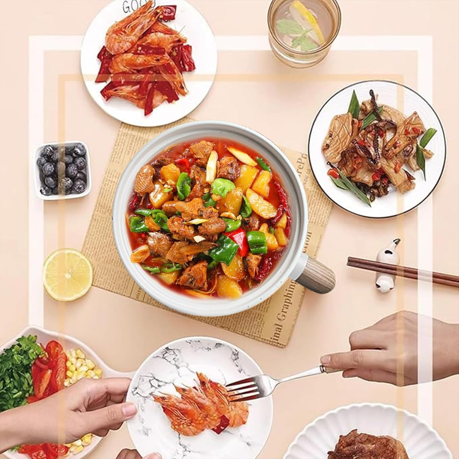 IODOO Hot Pot Electric Pot for Cooking Ramen Cooker 1.5L College Dorm Room Essentials Mini Hotpot Shabu Shabu Pot/Noodle Cooker Non Stick image number 5