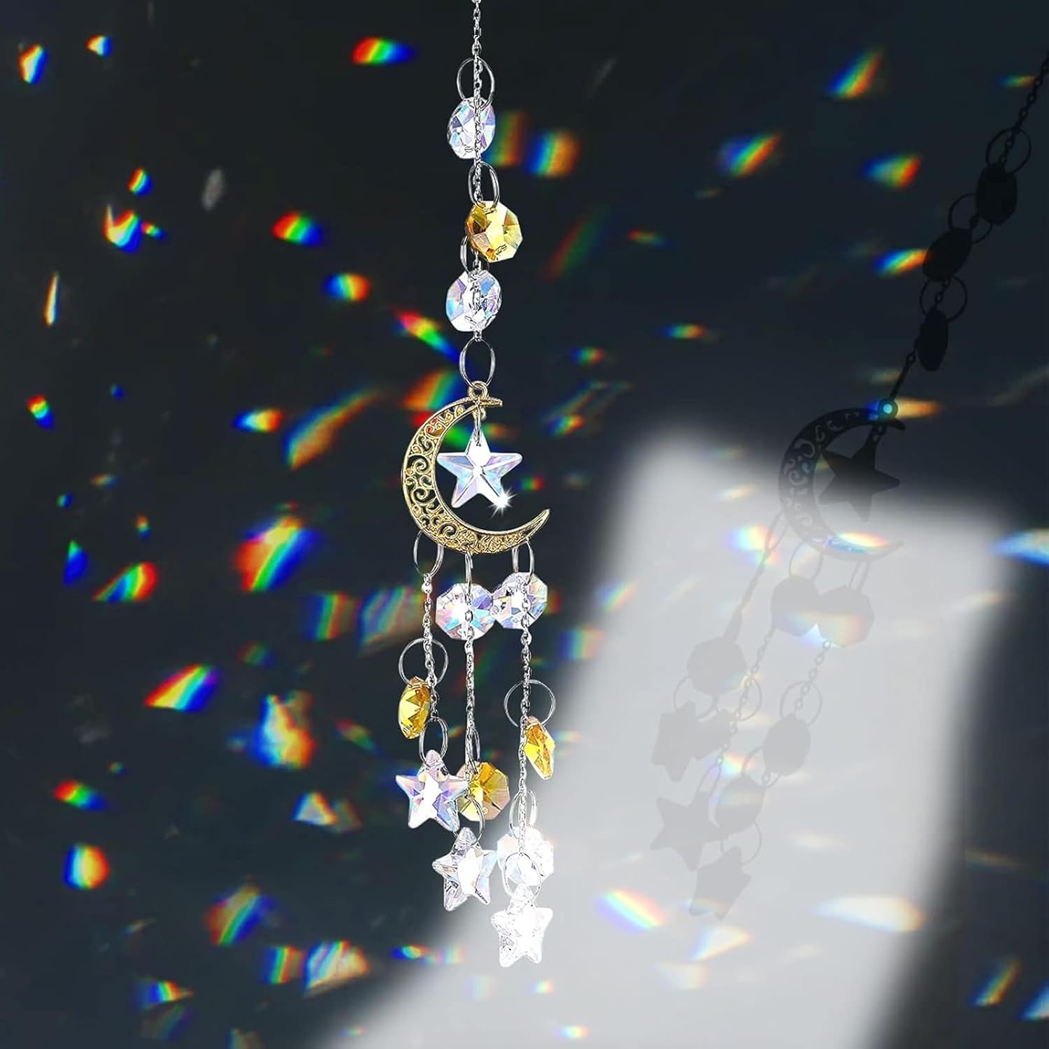 2Pcs Hanging Crystal Sun Catcher, Moon Star Crystal Prism Chain Rainbow Sun Catcher, Home Garden Windows Car Indoor Outdoor, Wedding Decoration (Gold + Silver) image number 3