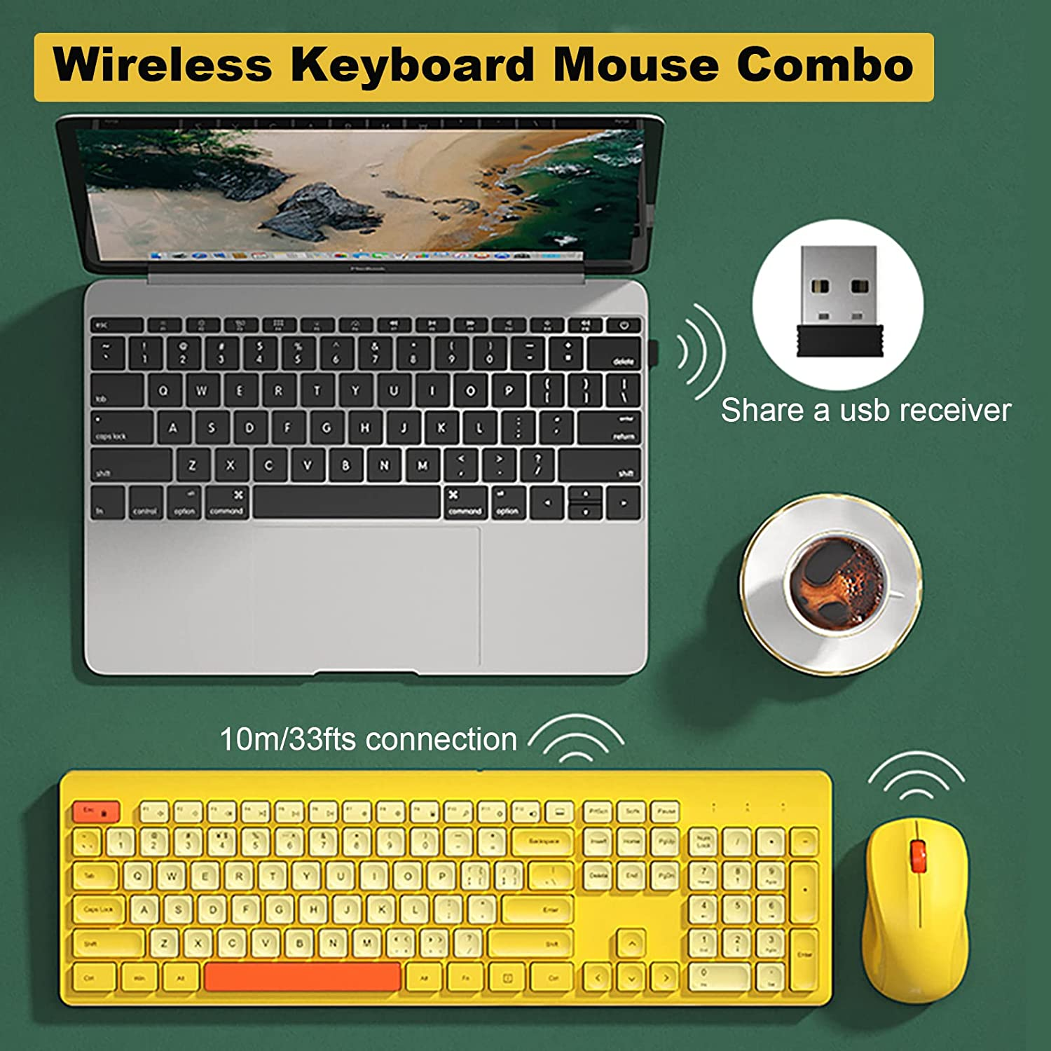 Wireless Keyboard Mouse Set,104 Square Keys Full-Size Office Keyboard with Number Keypad and 3-Level DPI Mice Combo for Computer Laptop PC Gamer (Yellow Mix) image number 4