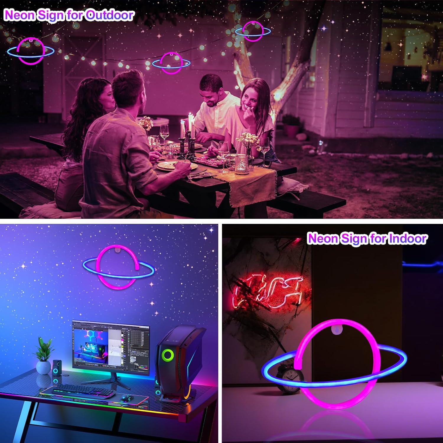 Gpurplebud Planet Neon Sign, Wall Decor Led Lights Home Decoration(Blue&Pink) image number 2