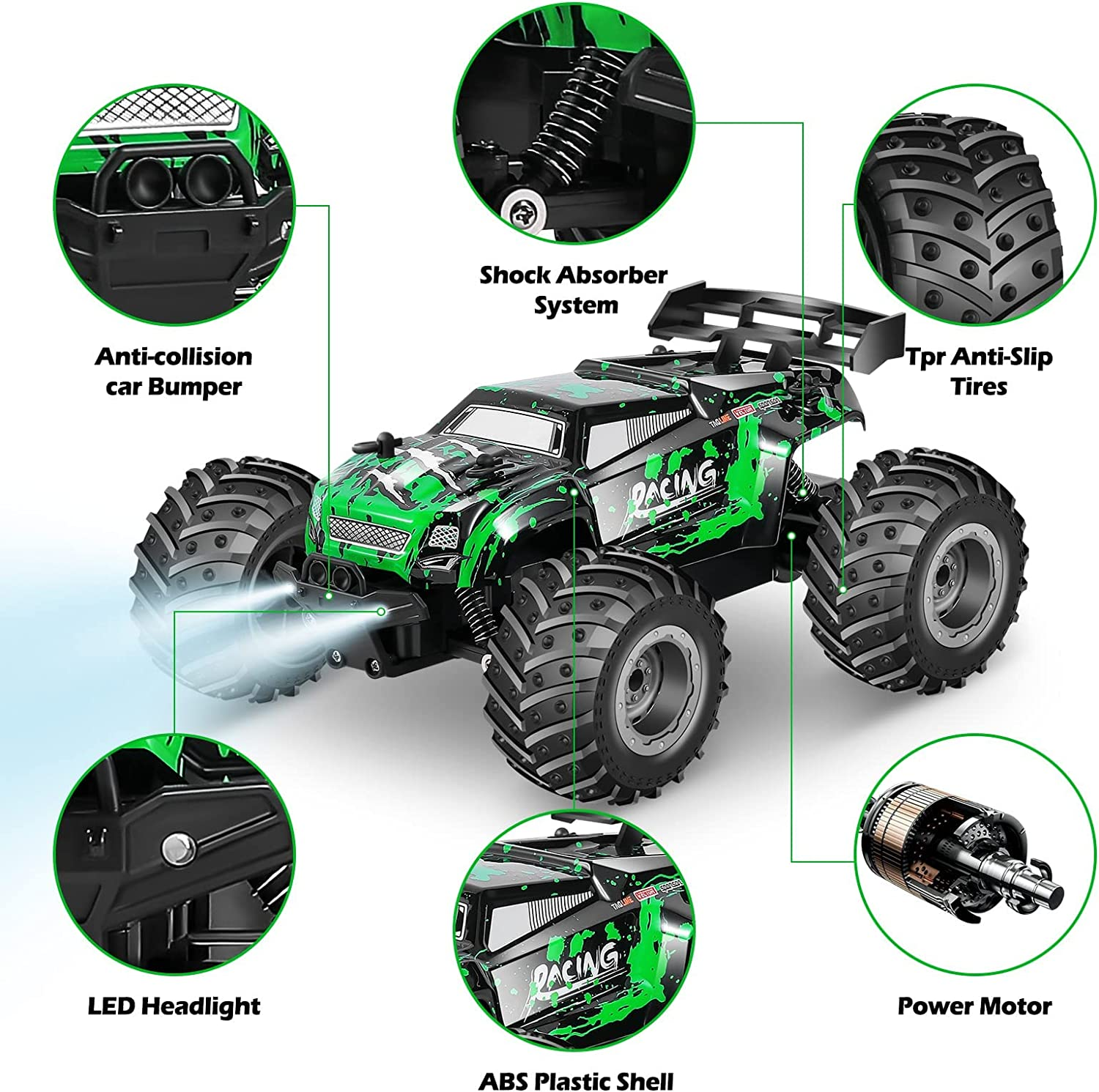 Remote Control Car, Monster Truck Monster Jam with LED Headlight, 1:18 Scale All Terrain, 2WD 2.4 Ghz off Road High Speed 20 Km/H RC Cars for Boys and Girls image number 6