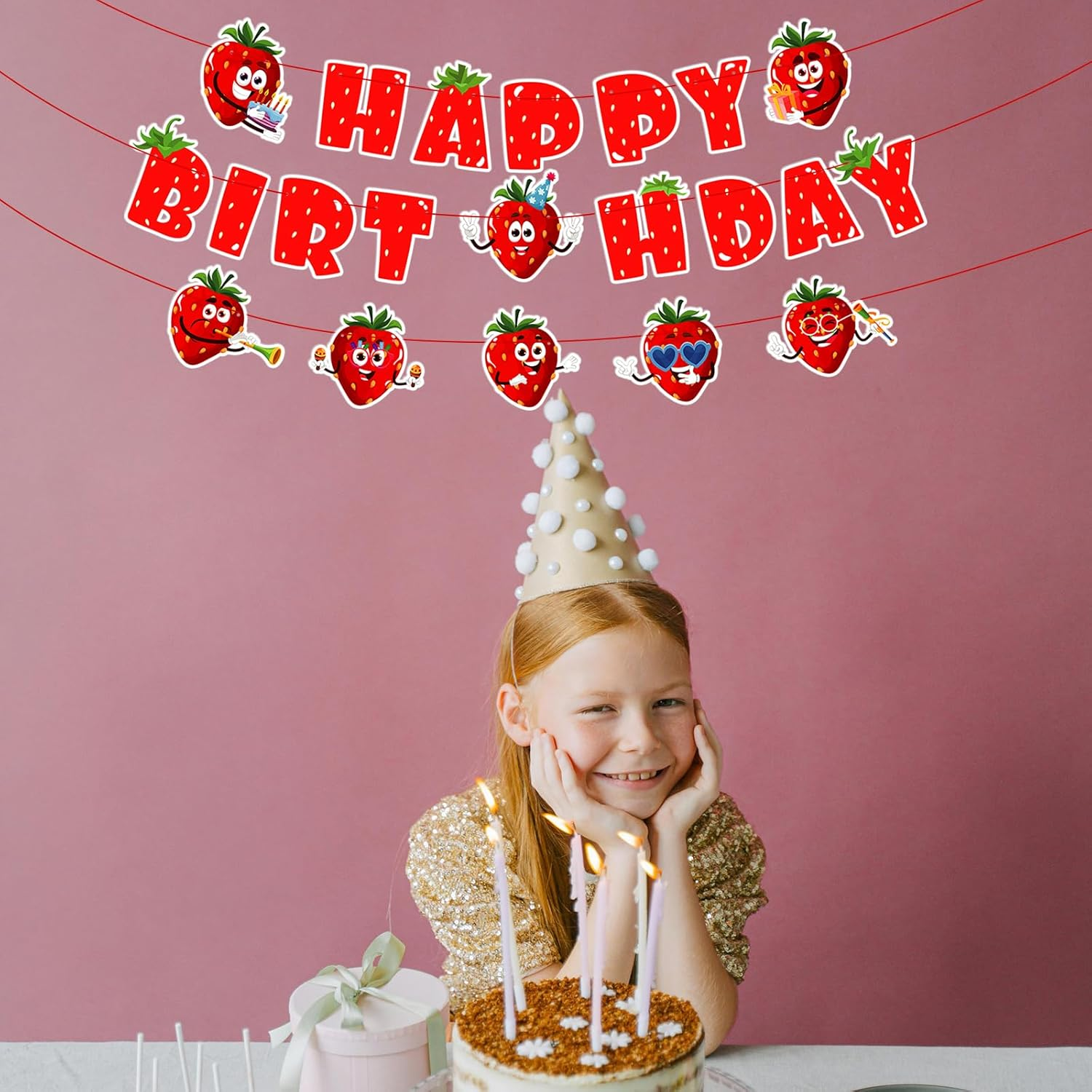 Strawberry Happy Birthday Banner, Red Strawberry Themed Party Banner Reliable Strawberry Hanging Banner Happy Birthday Backdrop for Sweet Girls Party Decoration Supplies image number 1