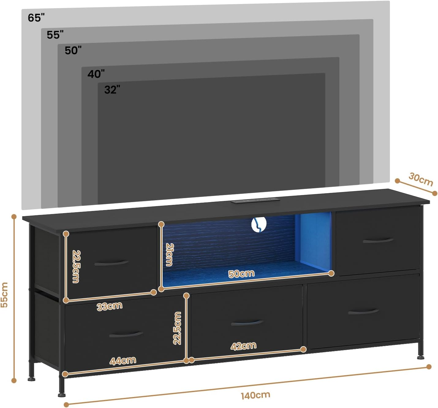 Advwin TV Unit Cabinet 140Cm with 16-Color RGB LED & Charging Station, TV Stand with 5 Storage Drawers & Open Shelf, Entertainment Center for Living Room, Bedroom, Black image number 6