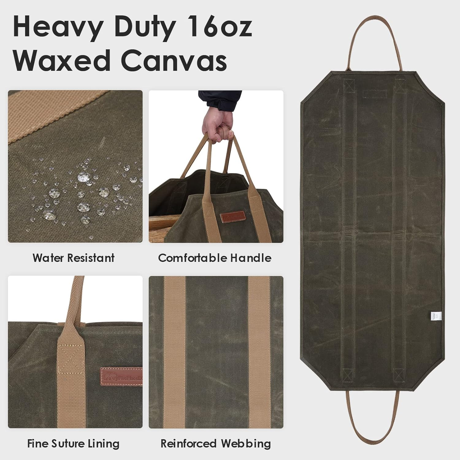 Sturdy Waxed Canvas Firewood Log Carrier, Durable Firepalce Wood Bag with Reinforce Duty Straps Green - Brown image number 5