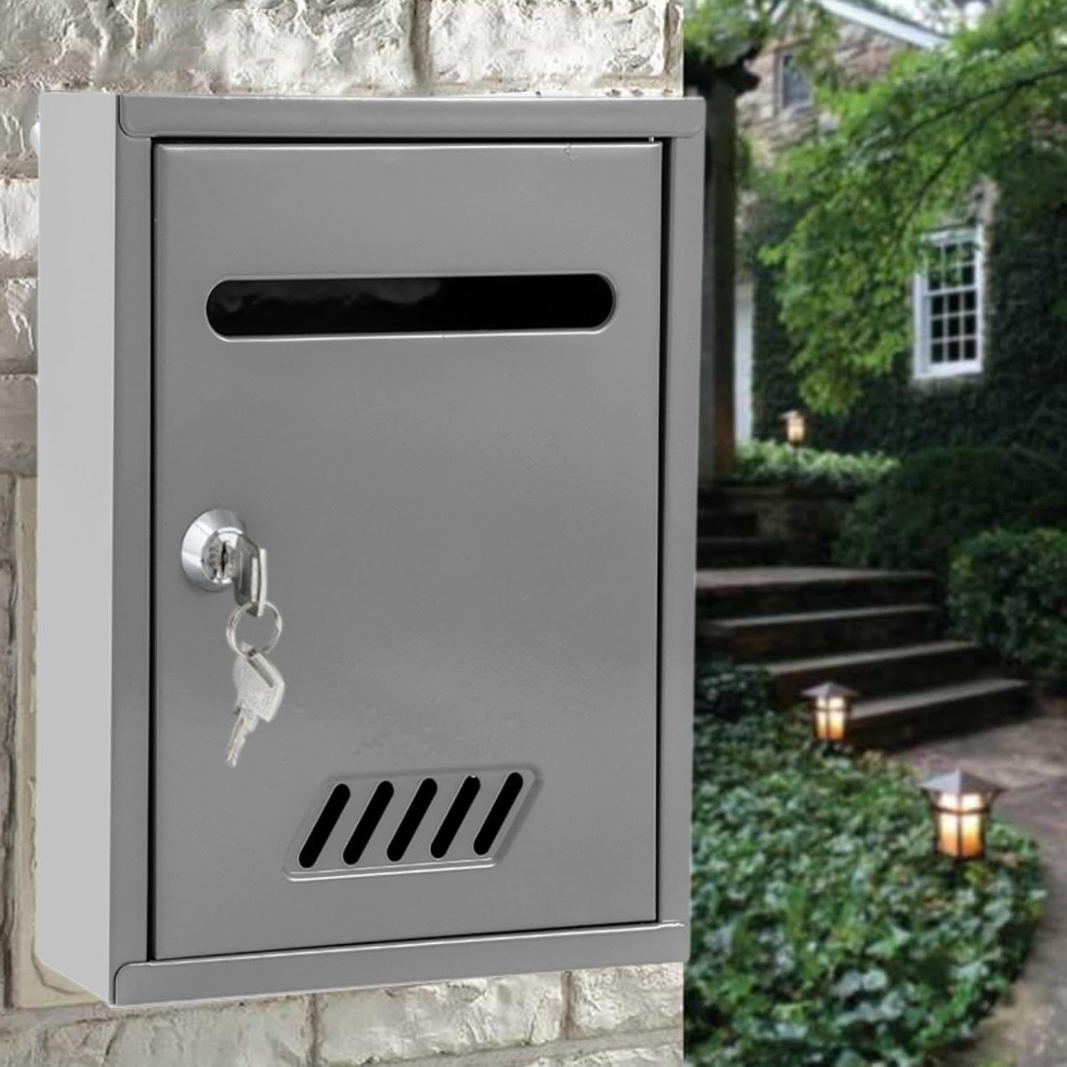 Kuntesetty Wall Mounted Lockable Mailbox Windproof Metal Security Mailbox for Front Door Outdoor Home Decor, Gray - Grey image number 5