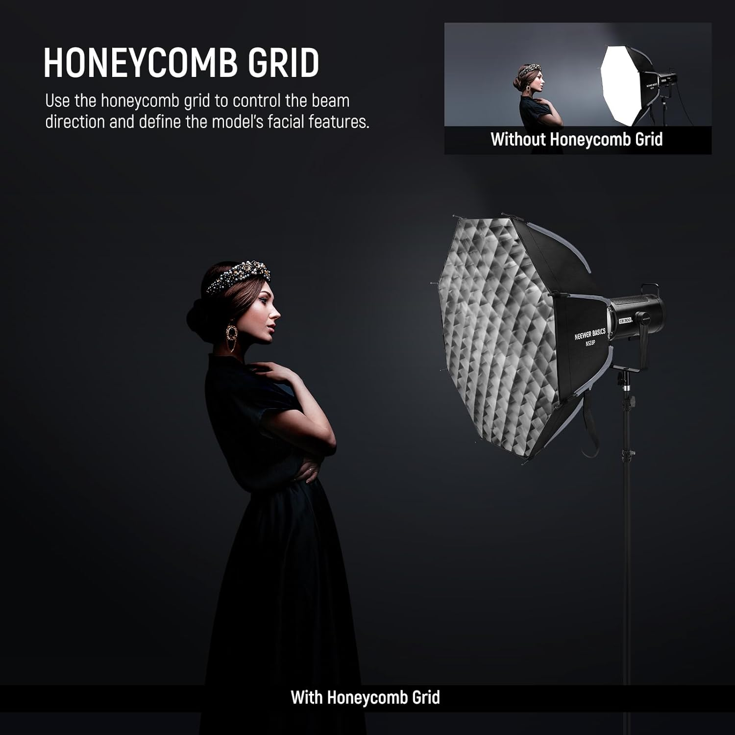 NEEWER Basics Octagonal Softbox Kit for Studio Photography Video Recording Streaming, 25.6"/65Cm Quick Release Bowens Mount Softbox/Grid/Light Diffusers for Continuous Lighting & Strobe Flash, NS33P image number 5