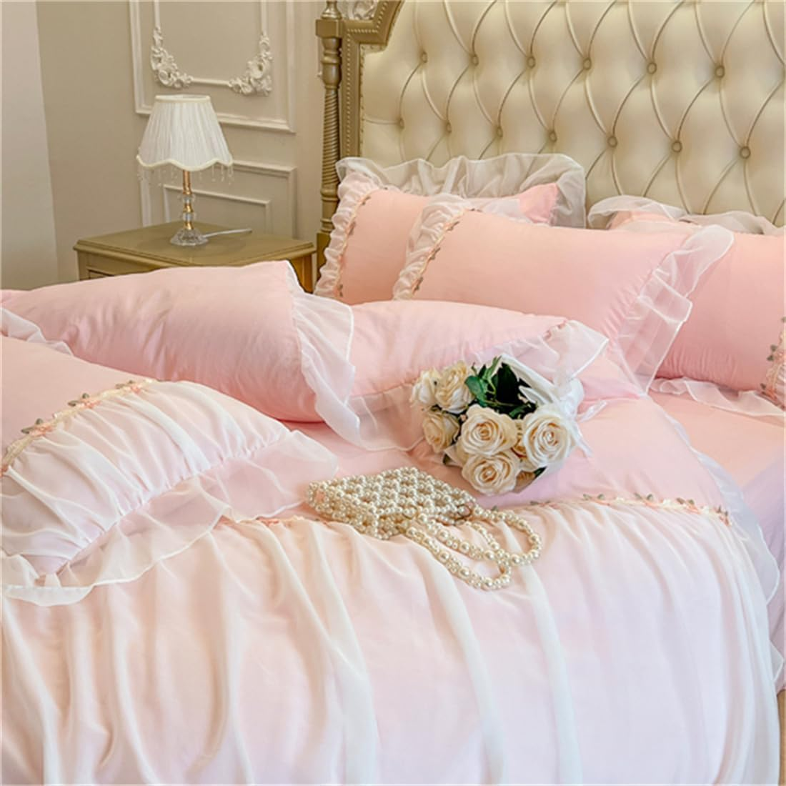 MOOWOO Pink Bedding-Romantic Ruffle Lace Bedding Set 3 Piece Comforter Queen Duvet Cover with Zipper Closure,Coquette Room Decor-Pink,Queen Size image number 4