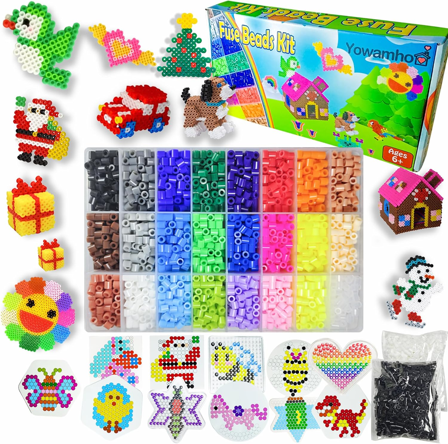 Yowamho Fuse Beads Kit - 48 Color Iron Beads Set, 8233 PCS 5Mm Beads, Art Crafts Set for Kids Ages 4-8, Girls Boys Gift Age 3 4 5 6 7 8 9 10 Years Old Present