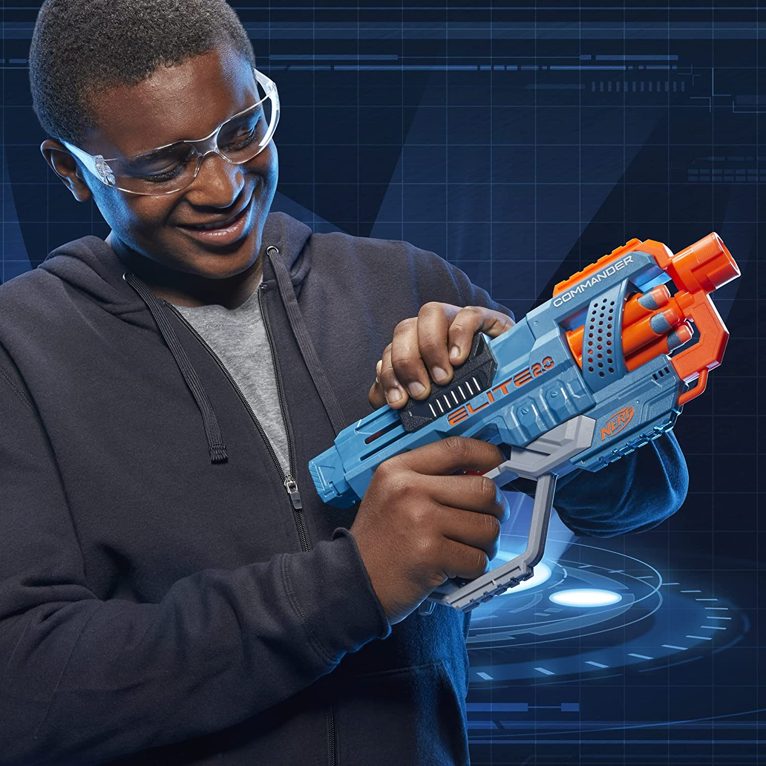 NERF Hasbro Elite 2.0 - Commander RD-6 Blaster - Us Version - 12 Offi Darts - 6-Dart Rotating Drum - Tactical Rails - Barrel and Stock Attachment Points - Toys for Kids - E9485 - Ages 8+, Multicolor image number 1
