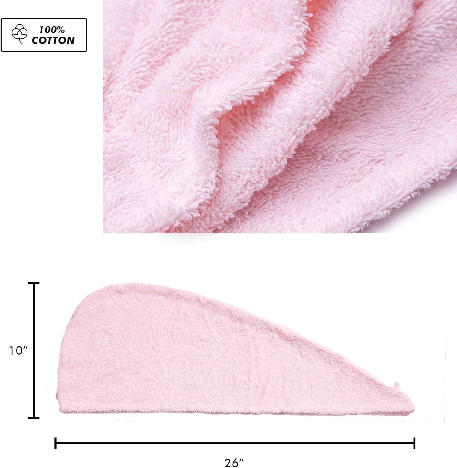 KEEPOZ Hair Towel Wrap Quick Dry 100% Cotton Super Absorbent Turban Head Wrap for Women with Button, Non Microfiber anti Frizz Hair Products, Hair Cap for Curly, Long & Thick Hair (Pink, 1 Pc)