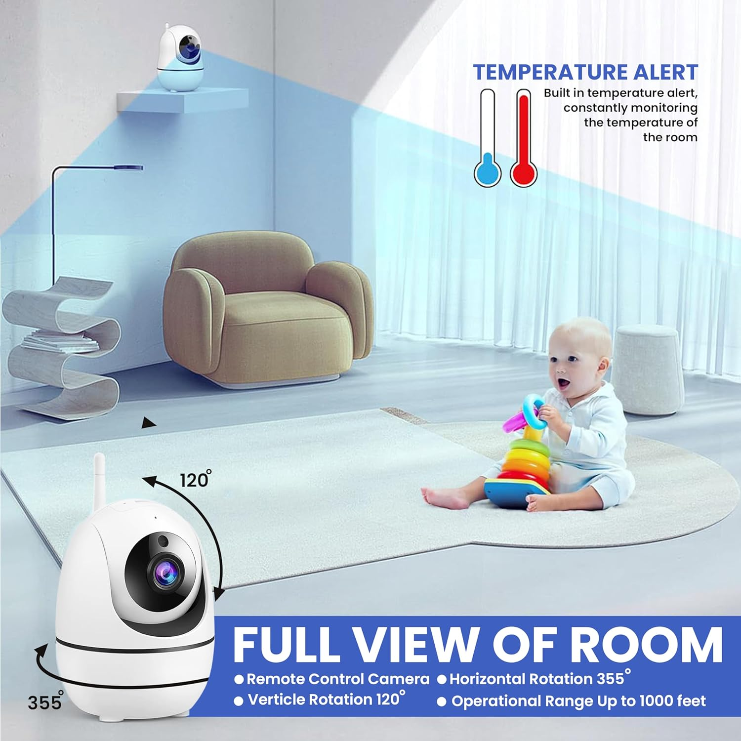 Baby Monitor- 5-Inch Large Ultra HD Display Baby Camera Monitors, Wireless Camera and Audio, Night Vision, 4X Pan-18 Hours VOX Mode,Temperature Sensor, Baby Monitor No Wifi with Lullabies image number 2