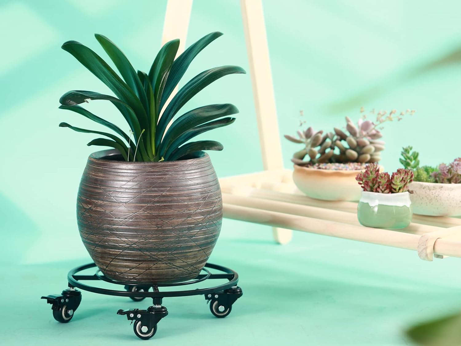 Kvyusflourish 2 Packs Large Metal Plant Caddy with Wheels 13.6" Rolling Plant Stands Heavy-Duty Wrought Iron Plant Dolly Plant Rollers Planter Mover with Casters, Strong Load Capacity image number 5