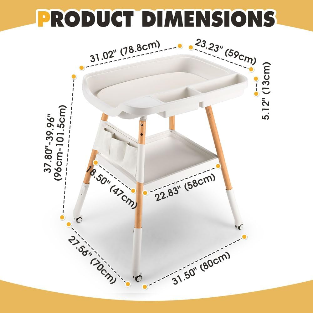 Playpals Baby Change Table with Wheels, Adjustable Height Changing Table with Waterproof PU Pad & Nursery Organizer, Beech Wood Mobile Nursery Diaper Changing Station for Baby Newborn image number 3