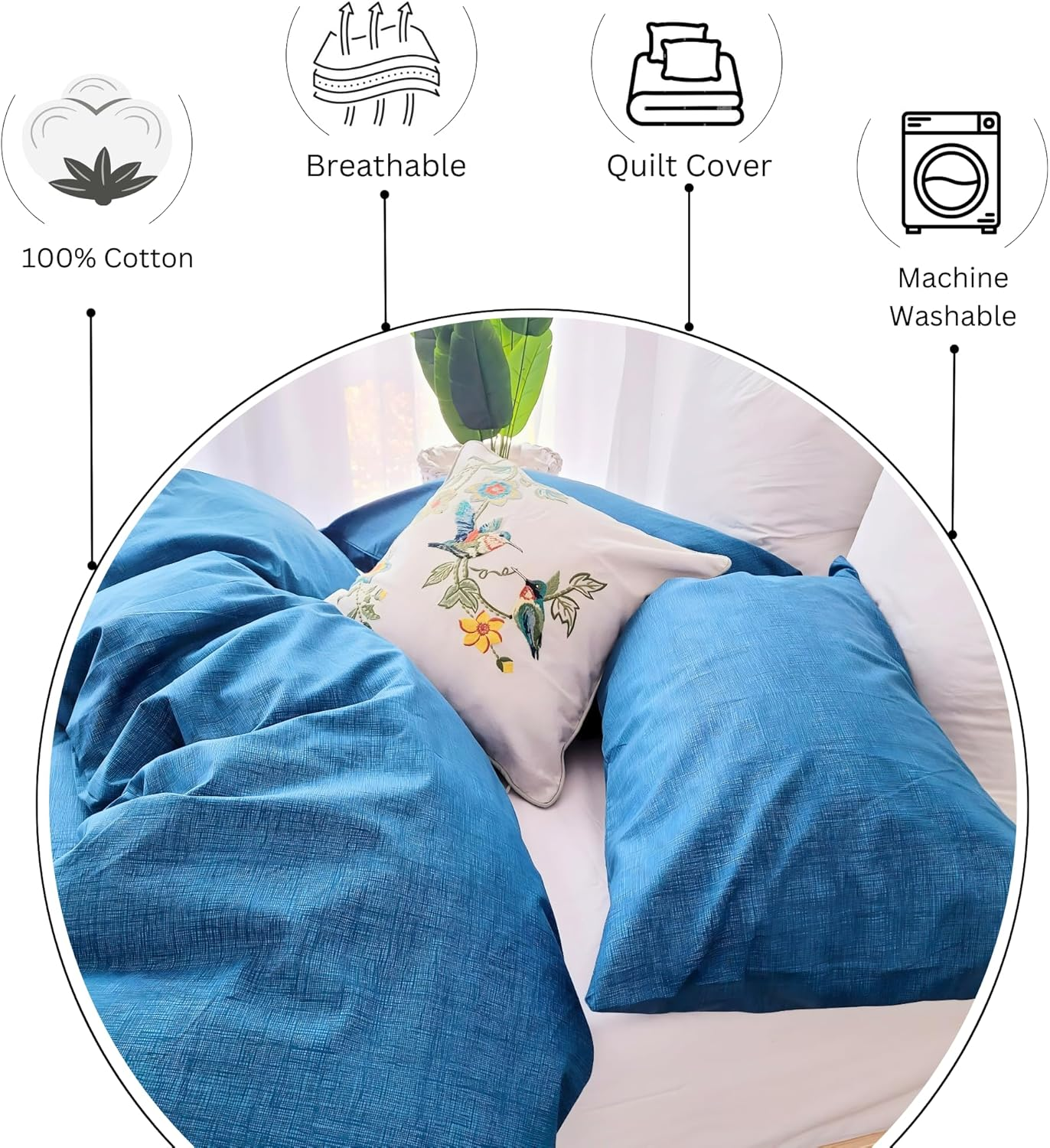 Queen Bed Quilt Cover Set - Blue Doona Cover - 100% Cotton Bedding & Linen - Textured Print Bedding Duvet Cover Sets (3Pcs, Queen) image number 5