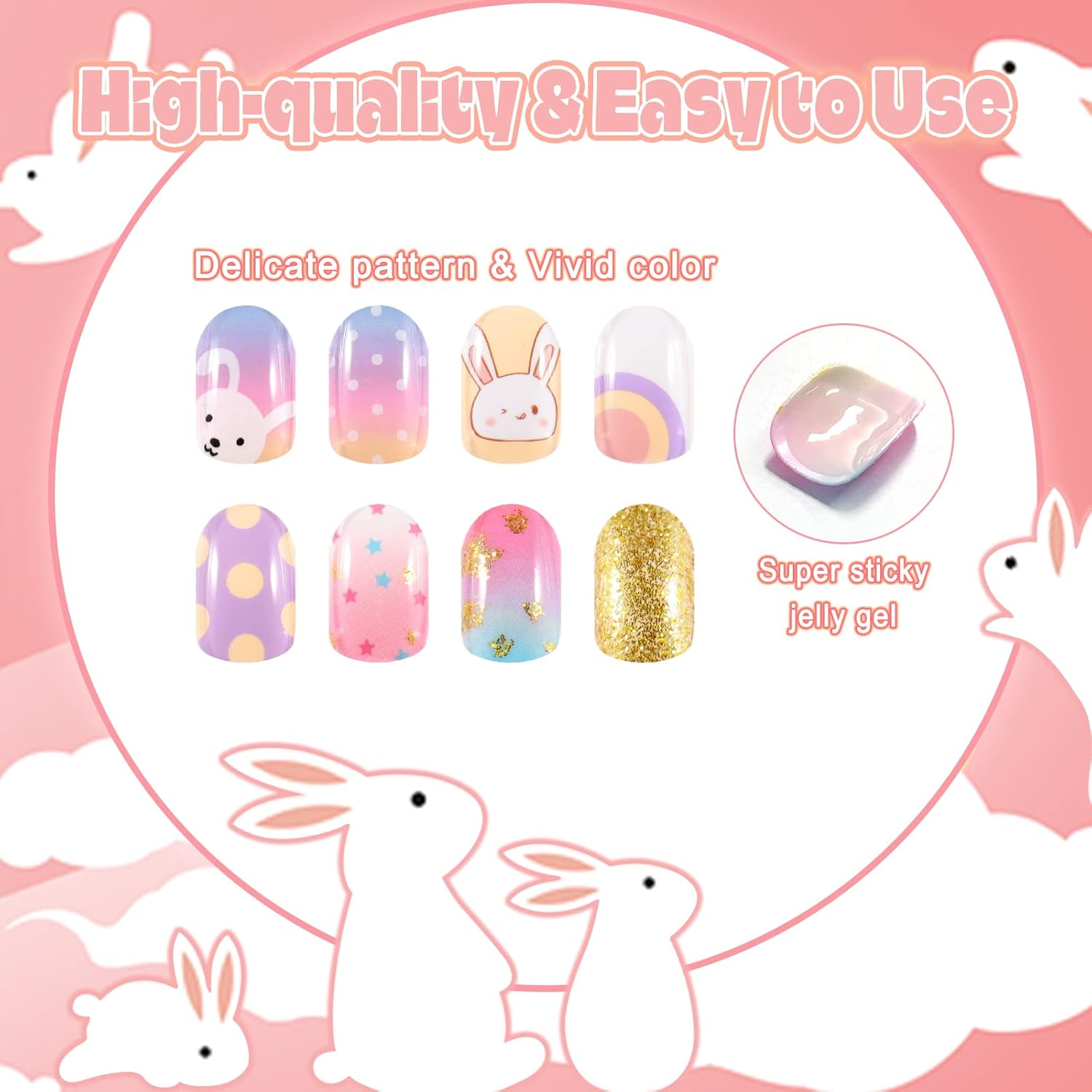 Allstarry Children Nails Press on Pre-Glue Full Cover Rabbit Gradient Color Dot Short False Nail Kits Lovely Gift for Children Little Girls Nail Art Decoration - Purple Planet image number 5