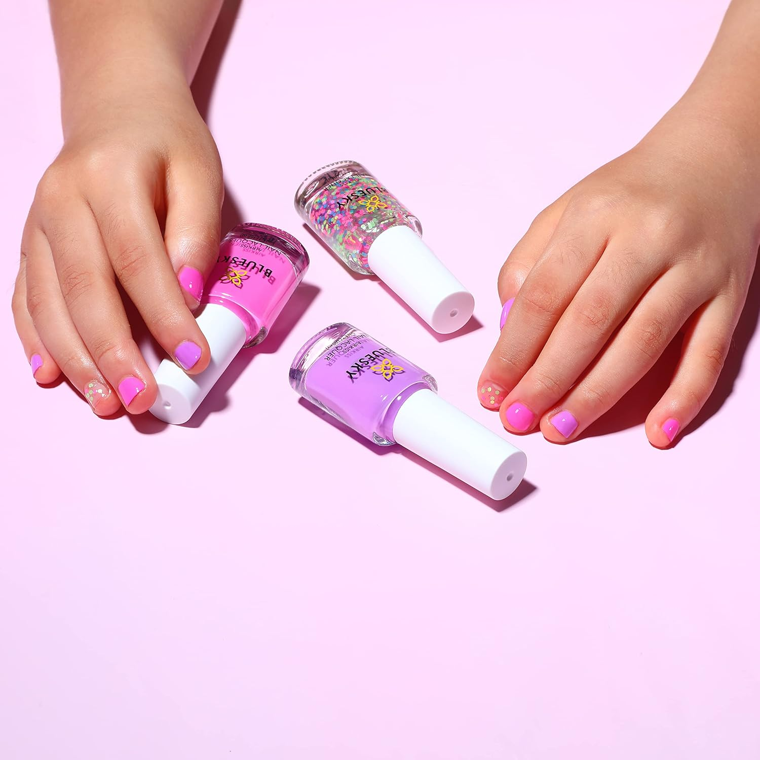 Bluesky Kids Nail Varnish Set - Party Time Collection. Pink,Purple,Confetti Glitter. Easy Peel-Off,Non-Toxic,Water- Based,Odour-Free Nail Polish for Kids,Gift Set,3 X 5Ml Stickers Kids-Party-Time image number 3