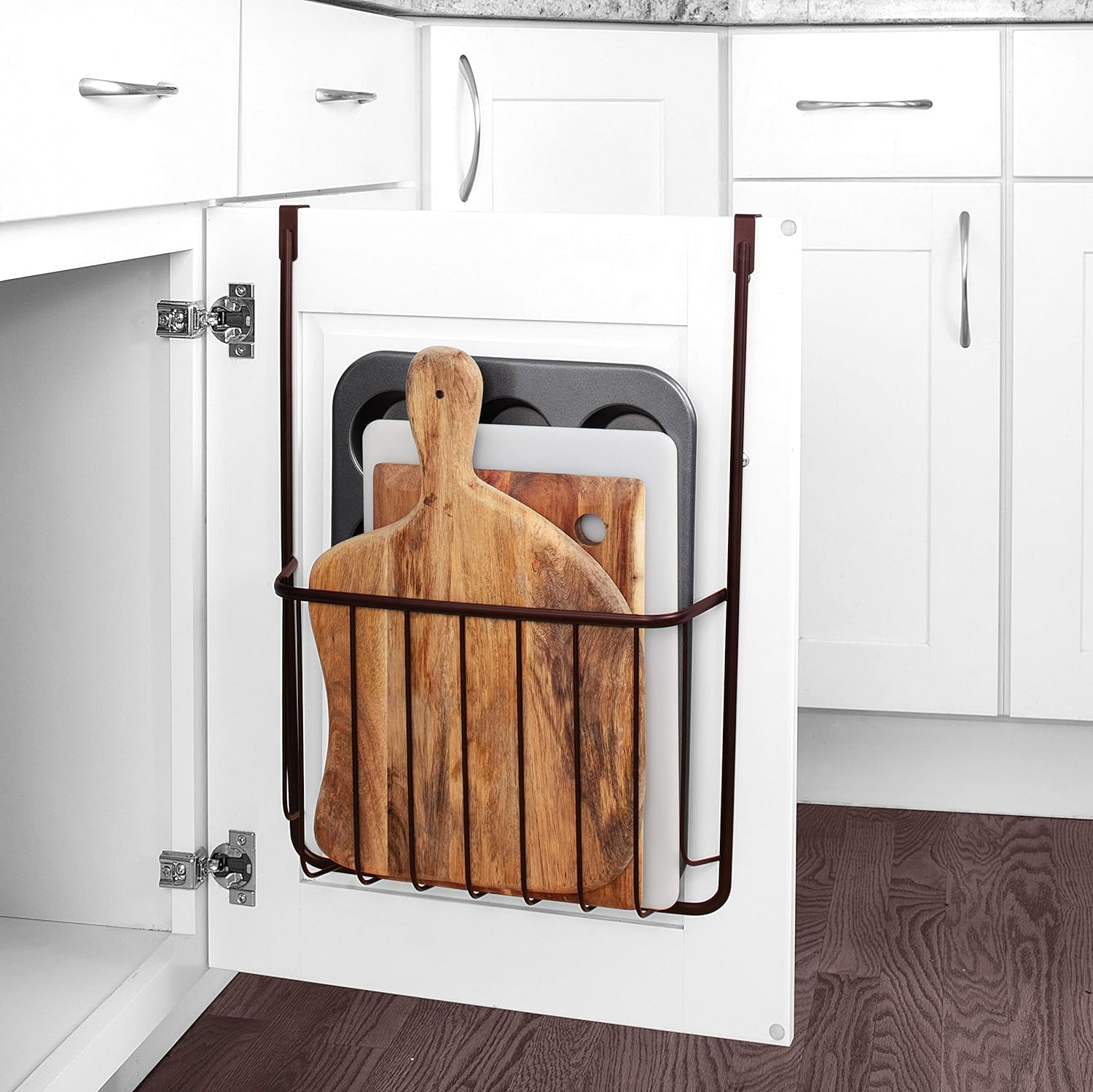 Spectrum Diversified Ashley Cookie Sheet Organizer, Cutting Board Holder, Bakeware Organizer, over the Cabinet Door, Bronze