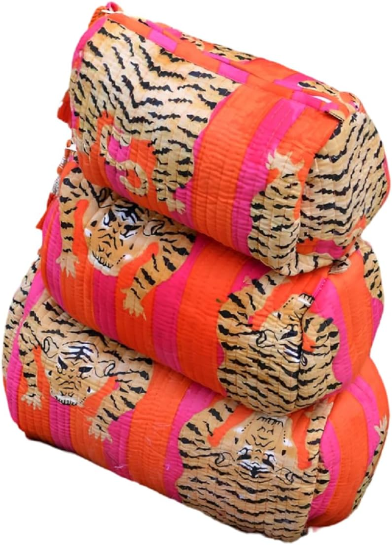INDACORIFY Tiger Print Makeup Bag Set of 3 Pieces Indian Cotton Toiletry Bag Make up Pouch Travel Bag Quilted Wash Bag Shaving Cotton Cosmetic Kit, Multicolor, Bag
