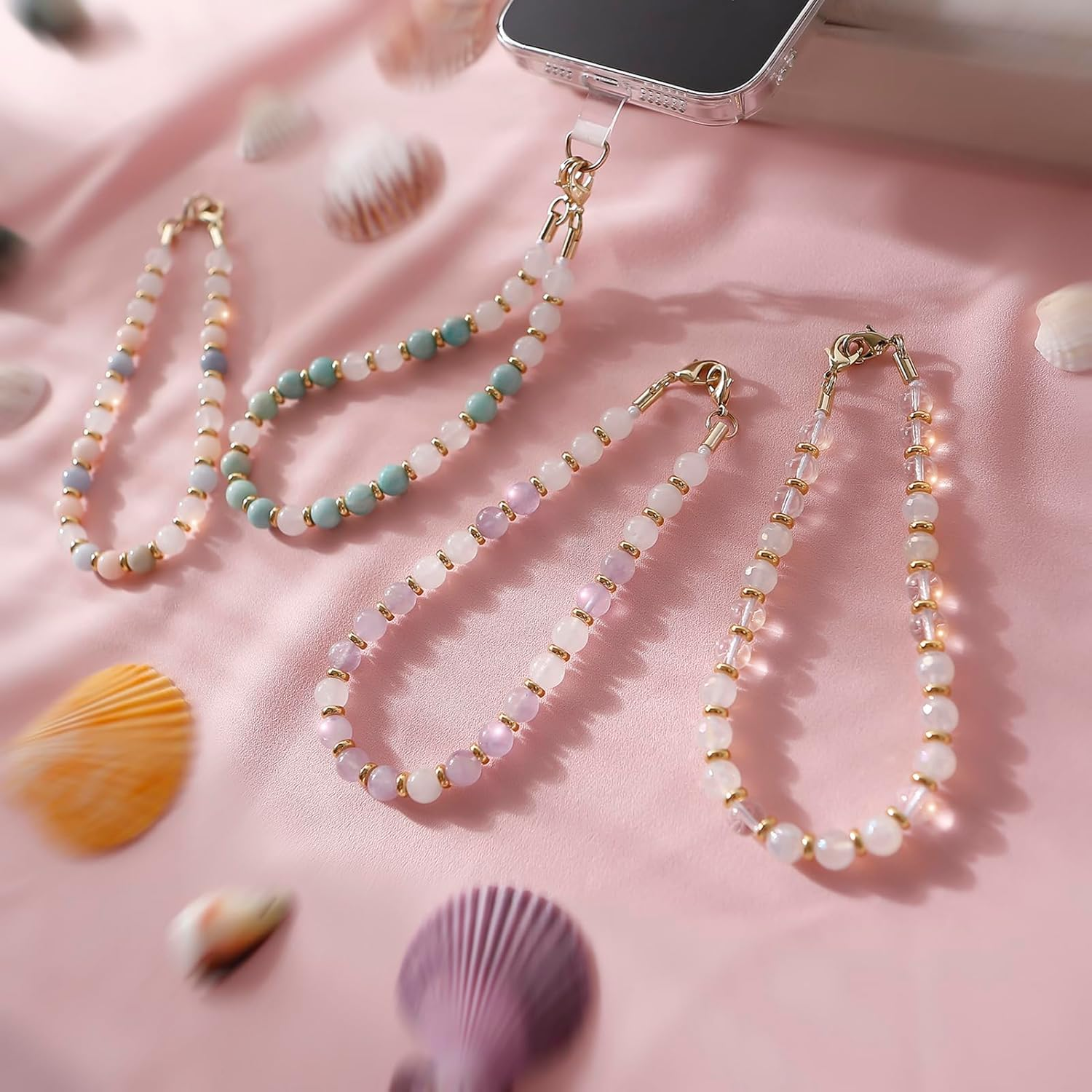 Universal Phone Chain Cell Phone Charm Hand Wrist Strap Lanyard Beaded Phone Chain for Women Girls White - Green Color-Au image number 6