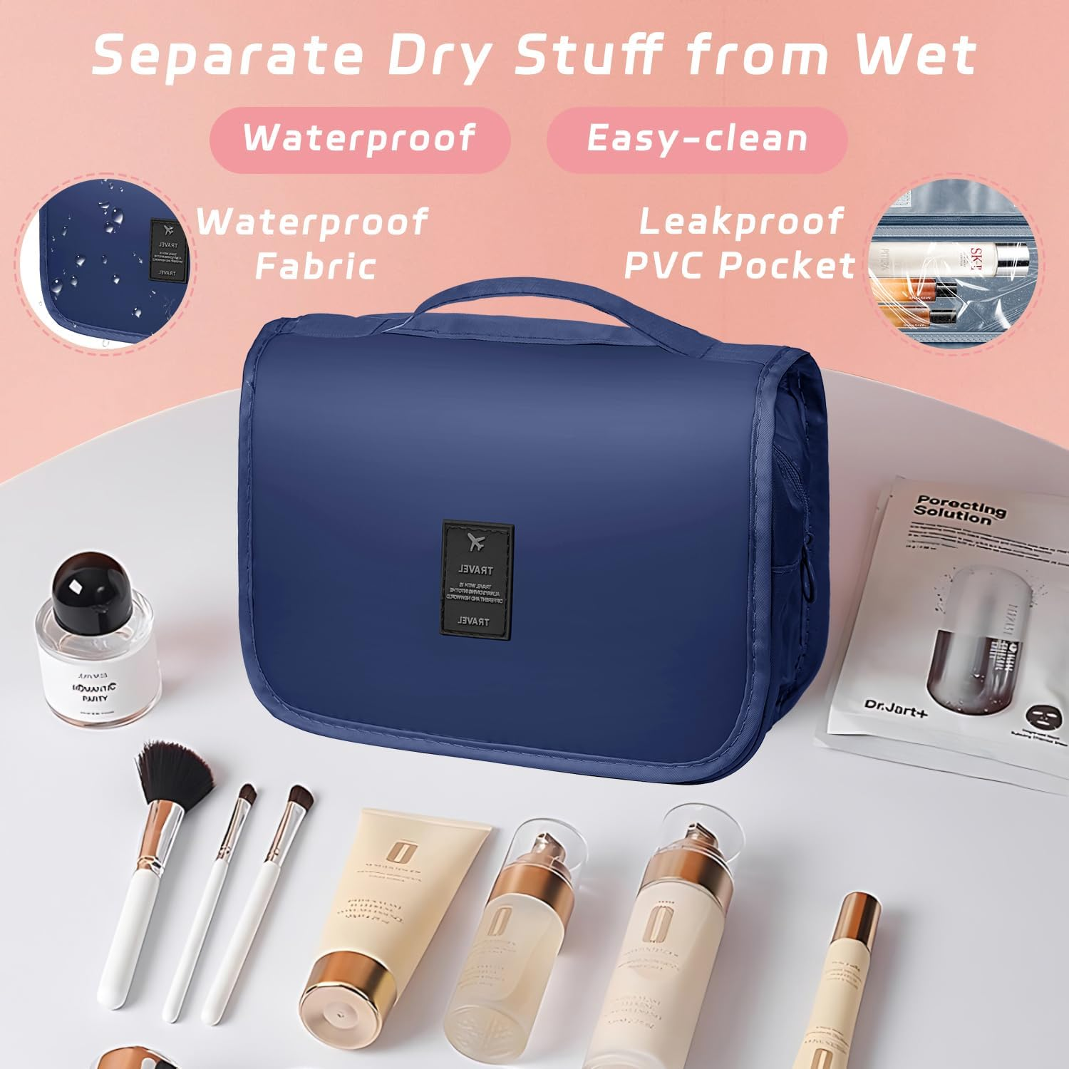YEMEDA Toiletry Bag Travel Bag with Hanging Hook, Waterproof Capacity Hanging Multifunctional Makeup Bag for Toiletries, Portable Cosmetic Bag Travel Organizer for Women and Men, A6-Royal Blue, Travel