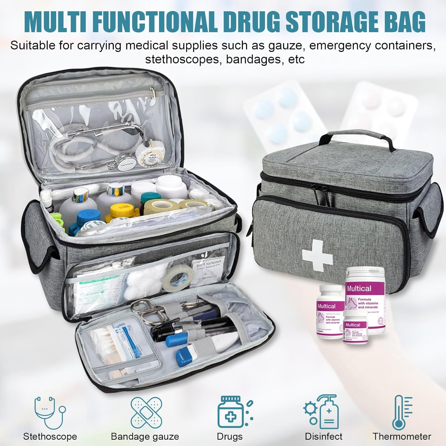 Medical Bag-Empty First Aid Bag, Emergency Kit, Nurse Bag, Large Capacity Medicine Organizer with Multiple Compartments for Home Visits, Home, Travel (Grey) image number 4