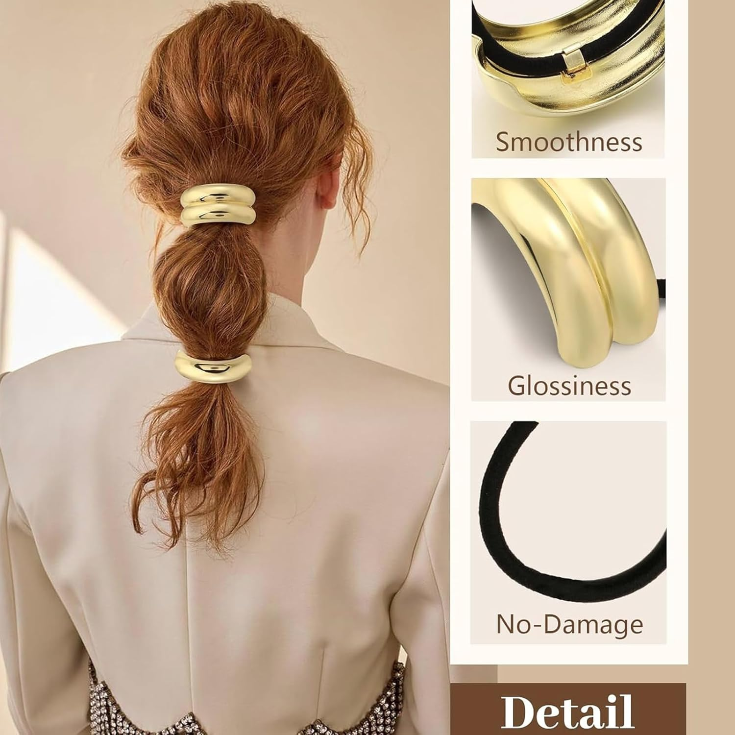 3 PCS Metal Hair Ties Set, Gold Ponytail Cuffs with Geometric Design, Durable & Elegant Gold Hair Accessories, Glossy Arch Elastic Hair Ties for Women (Gold) image number 5