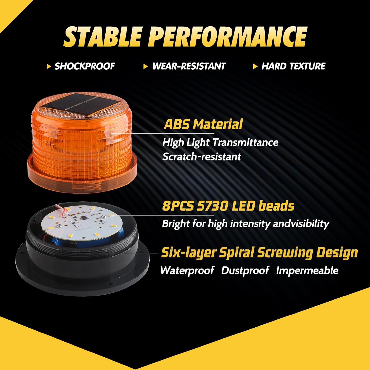 Kaidengzhe Solar Strobe Warning Light, Wireless Waterproof LED Beacon Lights with Magnetic Base, Safety Flashing Caution Lights for Cars Truck Tractors Bus Forklift SUV Construction Vehicle, Amber image number 2