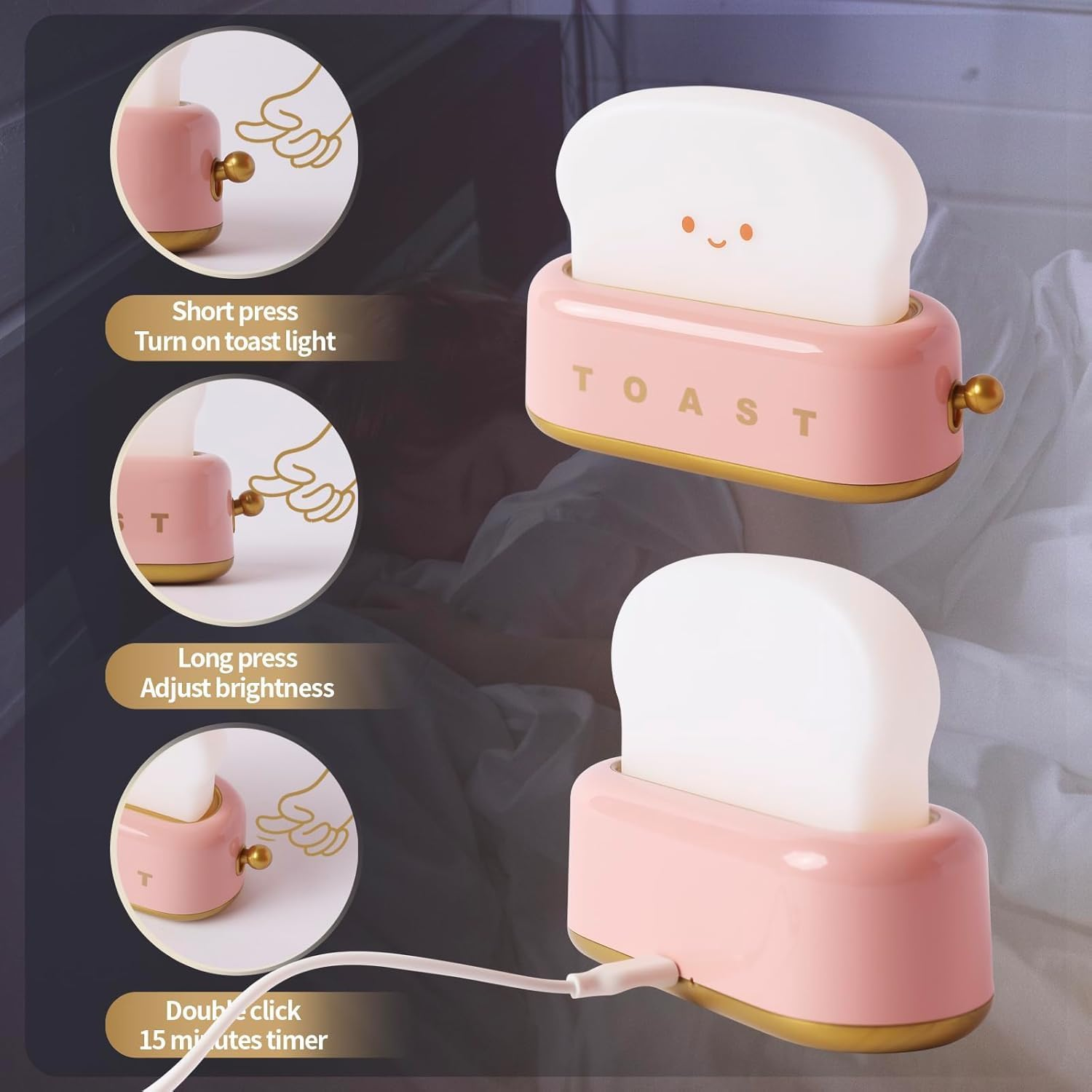 Cute Toast Lamp,Night Light, LED Dimmable Bread Light,Rechargeable Desk Decor Lamp,Bedroom Bedside Sleep Lamps for Birthday Gift Kids Teens (Pink) - Pink image number 3